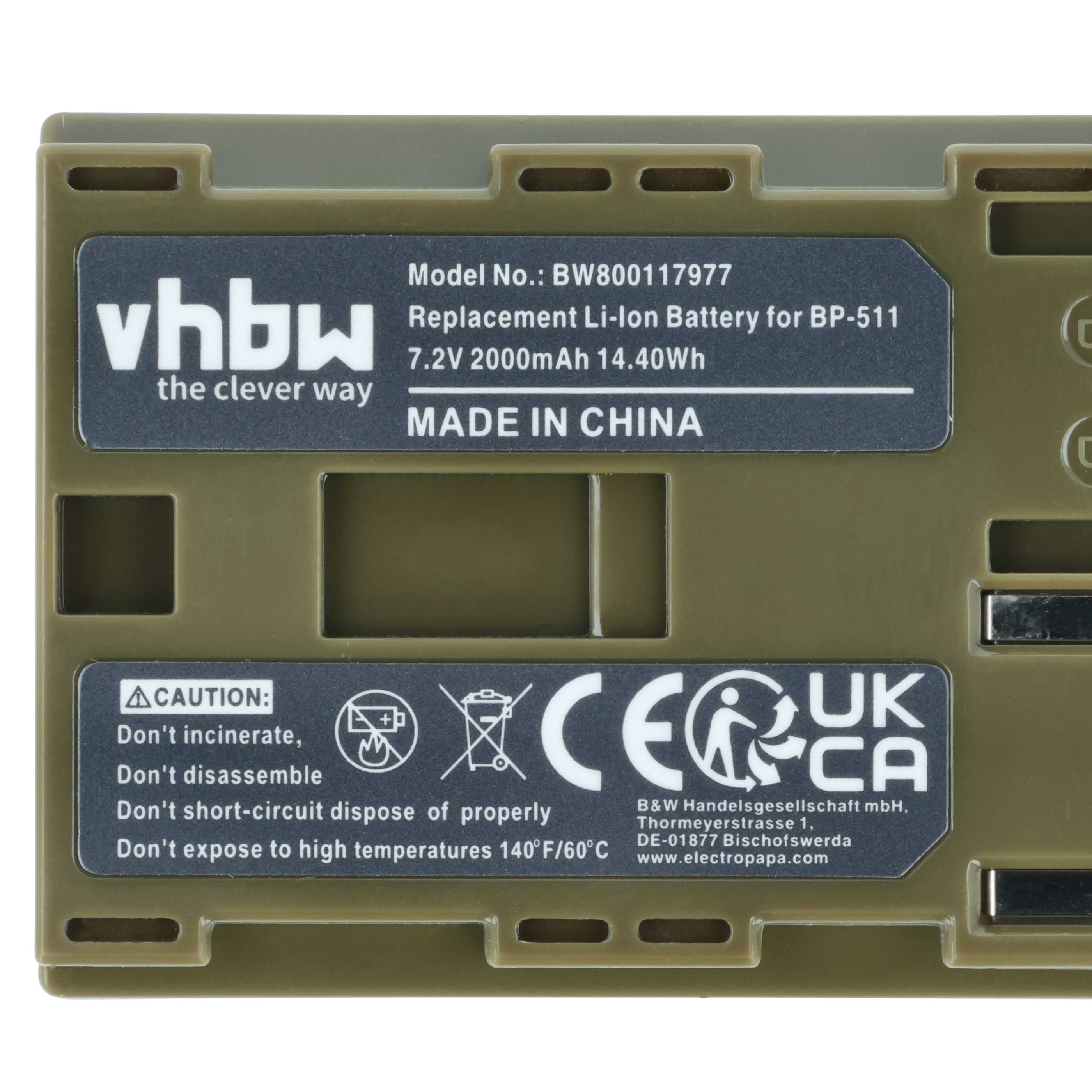 Battery replaces Canon BP-511A, BP-512, BP-514, BP-511, BP-508 - 2000mAh, 7.4V, Li-Ion