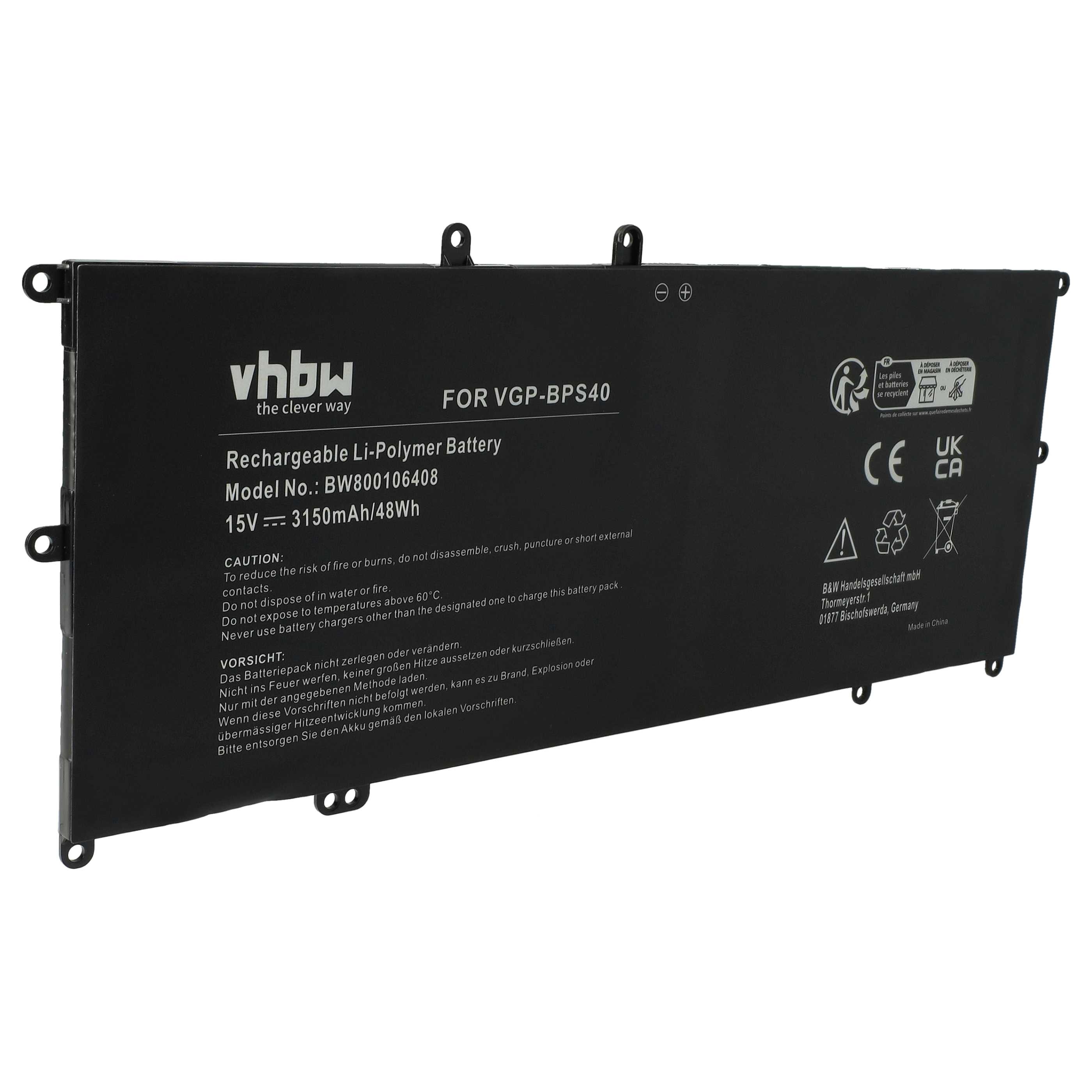 Notebook Battery Replacement for Sony VGP-BPS40 - 3150 mAh 15 V Li-polymer, black