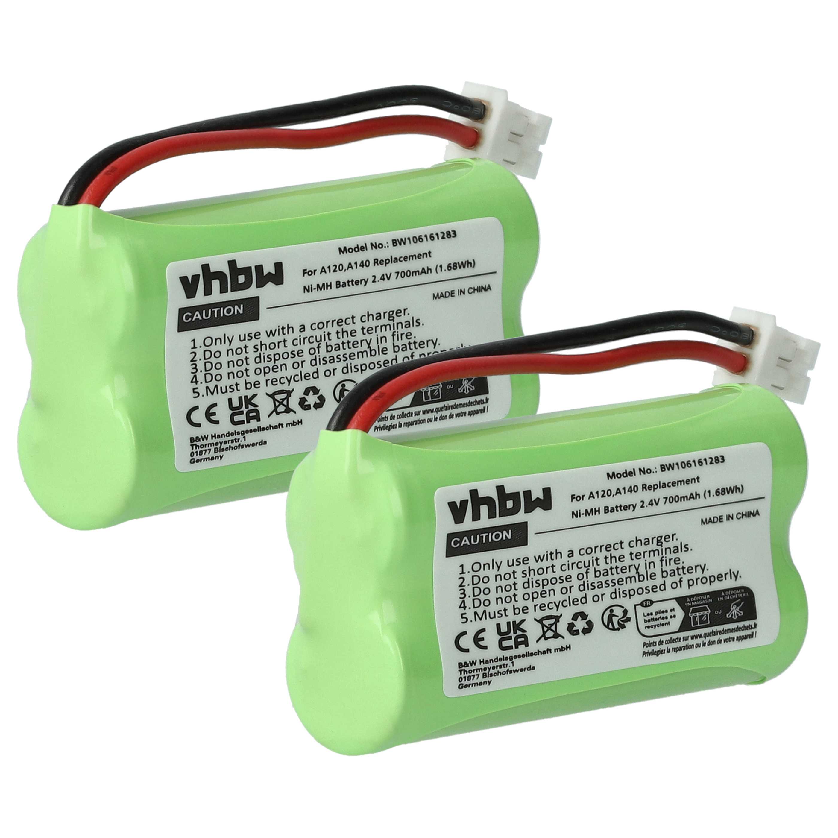 Batteries (2x pièces) remplace 55AAAHR2BMX, 220382C1, 220436C1, 41AAAH2BMX pour téléphone - 700mAh 2,4V NiMH