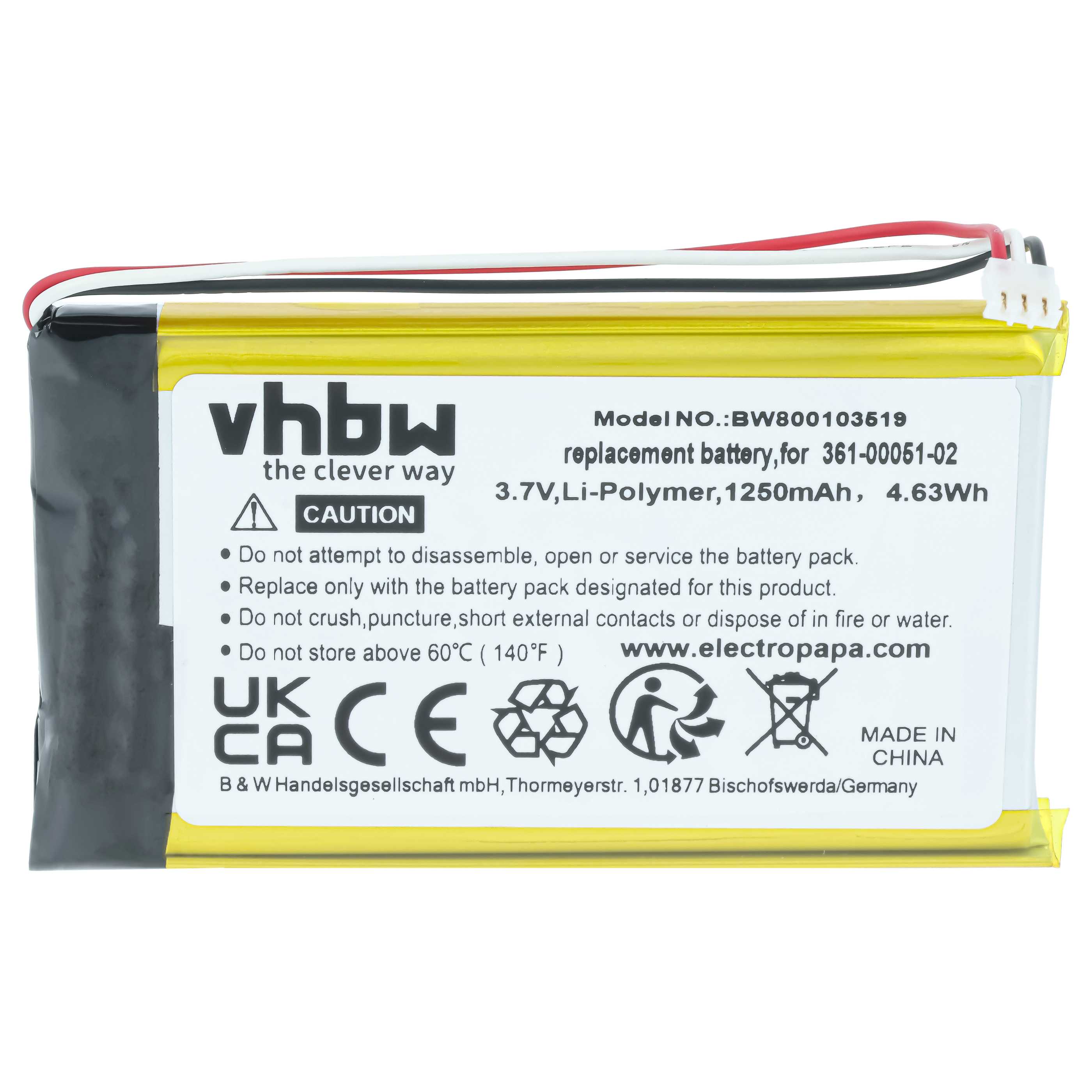 Batteria sostituisce Garmin 361-00051-02, 361-00051-01, 361-00051-00 per navigatore - 1250mAh 3,7V Li-Poly