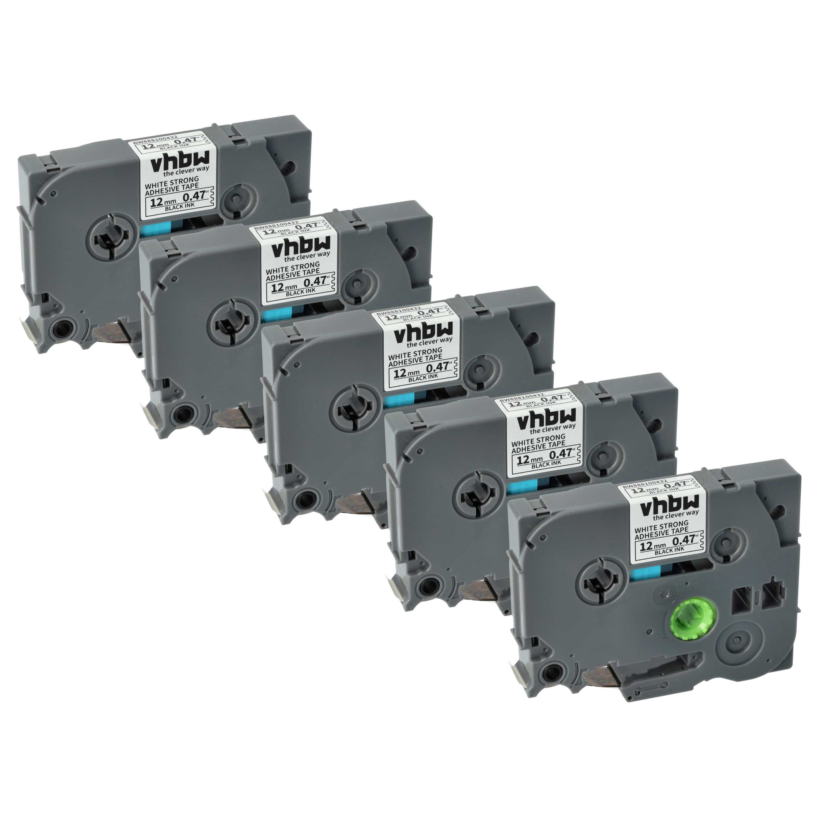 5x Label Tape replaces Brother TZE-S231 - 12 mm Black to White, Extra Stark