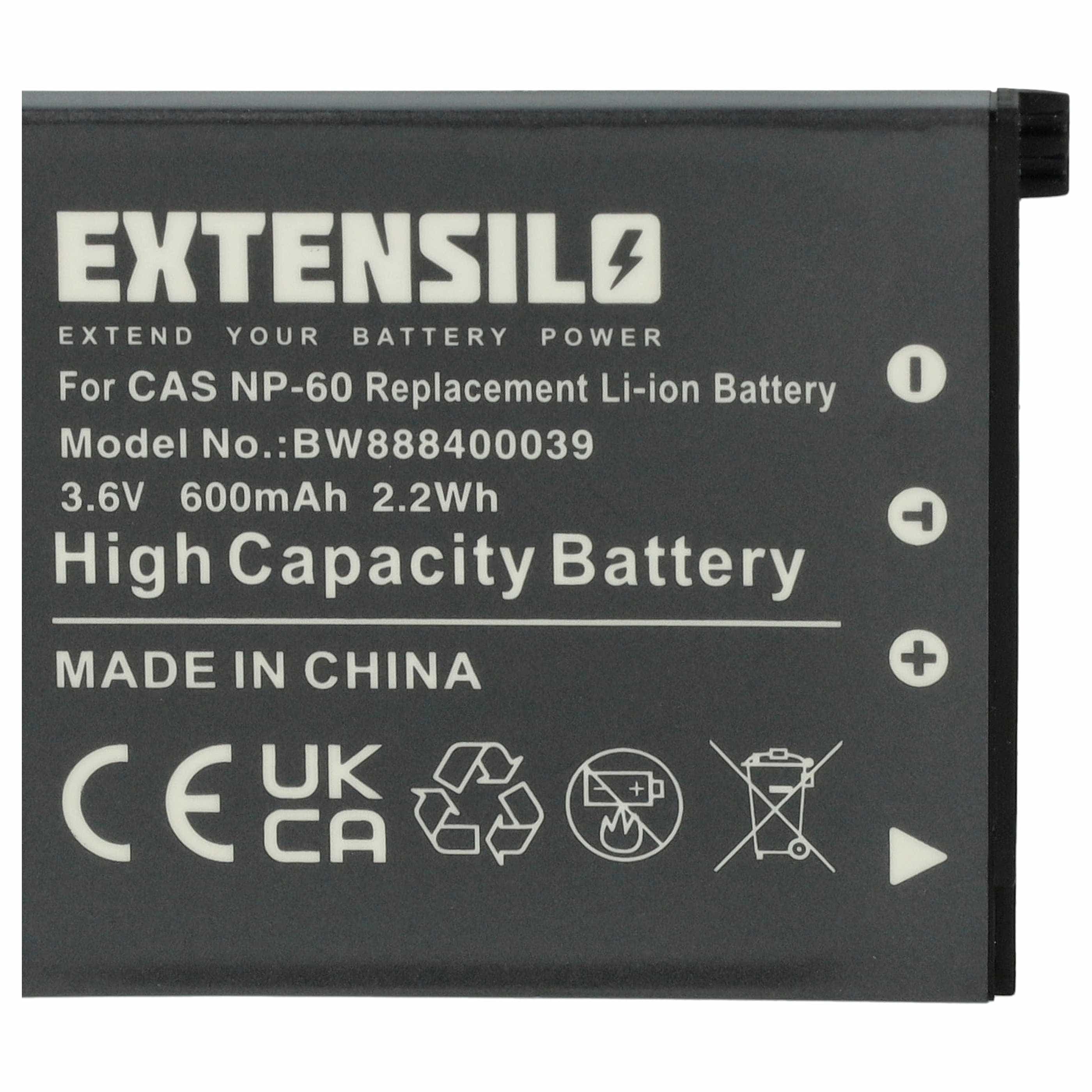 Battery replaces Casio NP-60 - 600mAh, 3.7V, Li-Ion