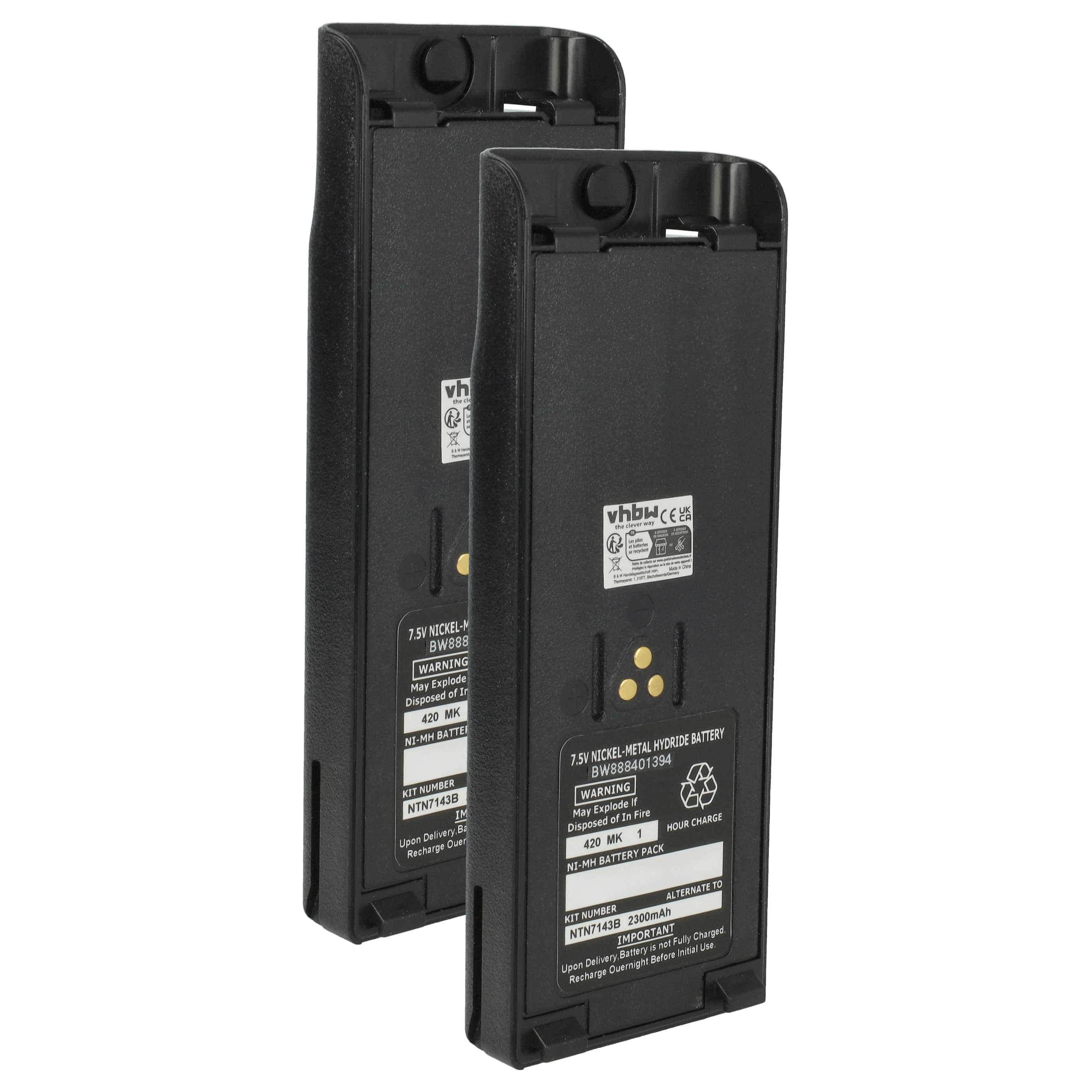 Radio 2x Battery replaces Motorola NTN7143, NTN7143CR, NTN7143B, NTN7143A - 2300 mAh 7.5 V NiMH + Belt Clip
