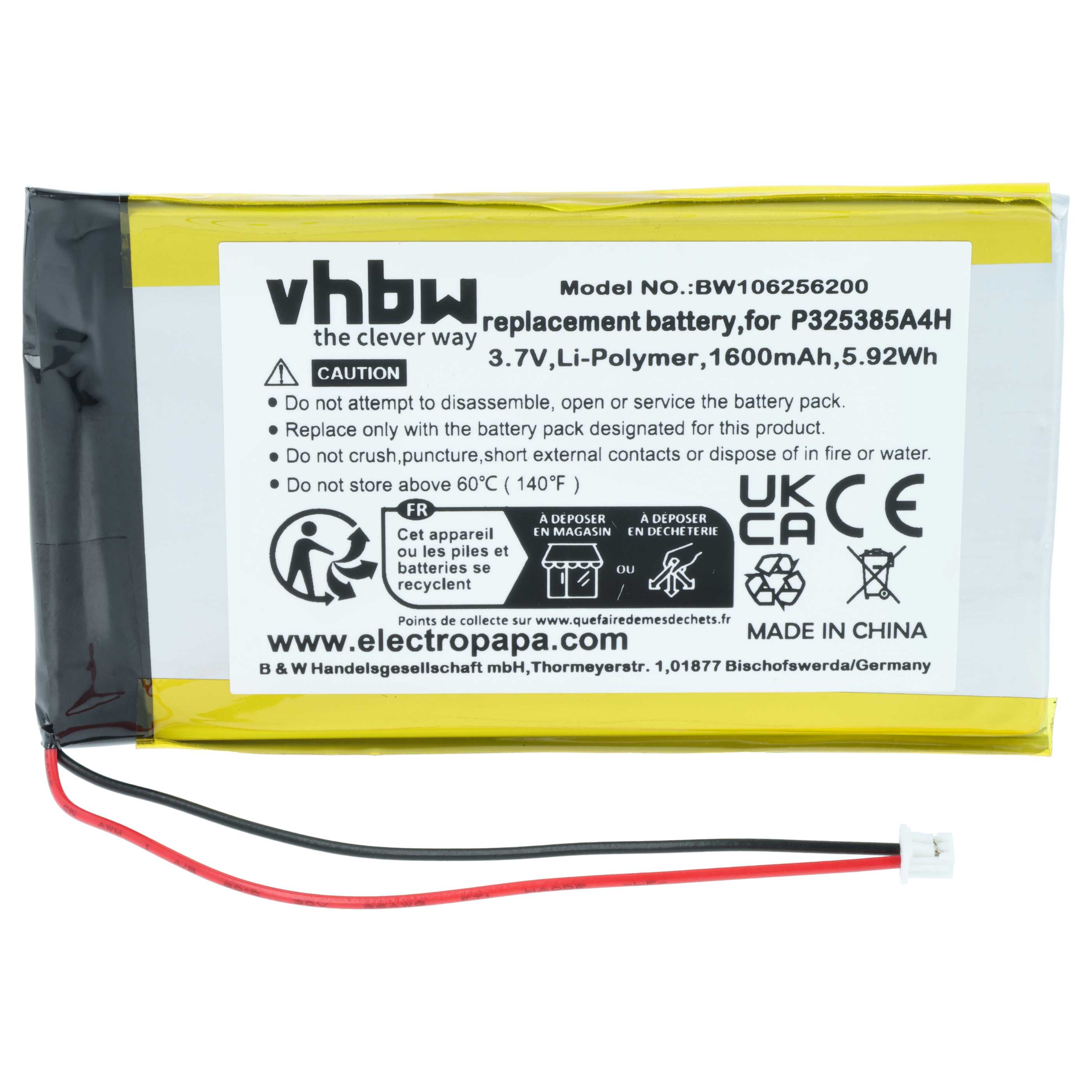 MP3-Player Battery replaces Apple UP325385A4H, P325385A4H - 1600 mAh 3.7 V Li-polymer