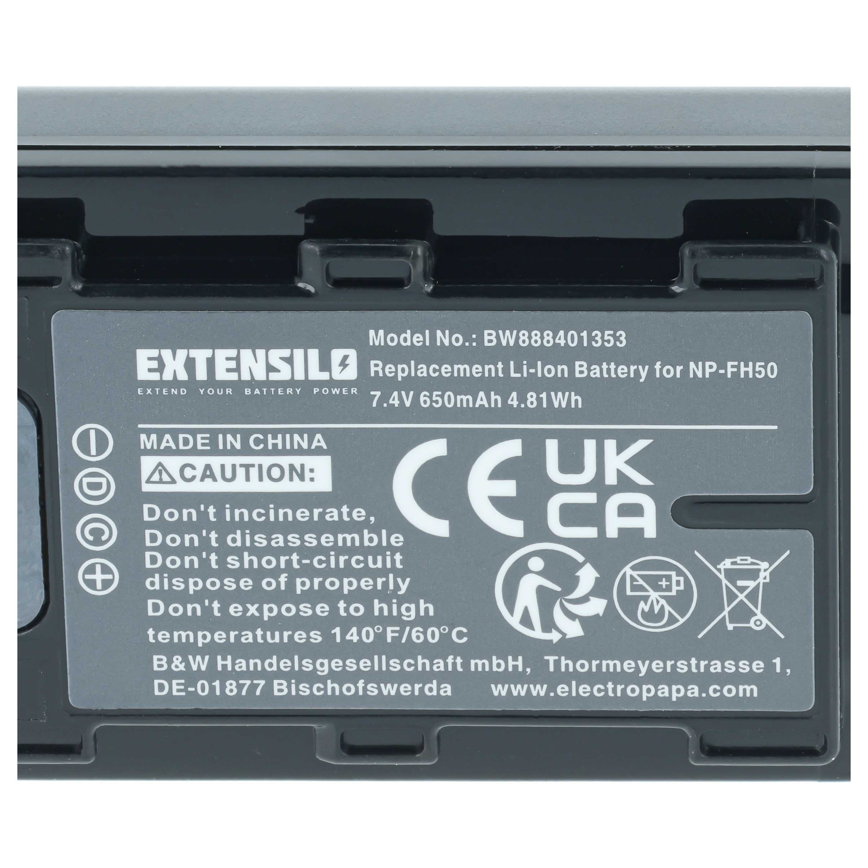 Batteria sostituisce Sony NP-FH70, NP-FH40, NP-FH100, NP-FH50 per fotocamera - 650mAh 7,2V Li-Ion