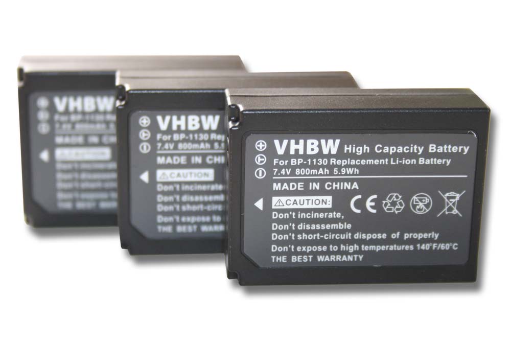 Kamera-Akku (3 Stück) als Ersatz für Samsung BP-1130, BP1130, ED-BP1130 - 800mAh 7,4V Li-Ion