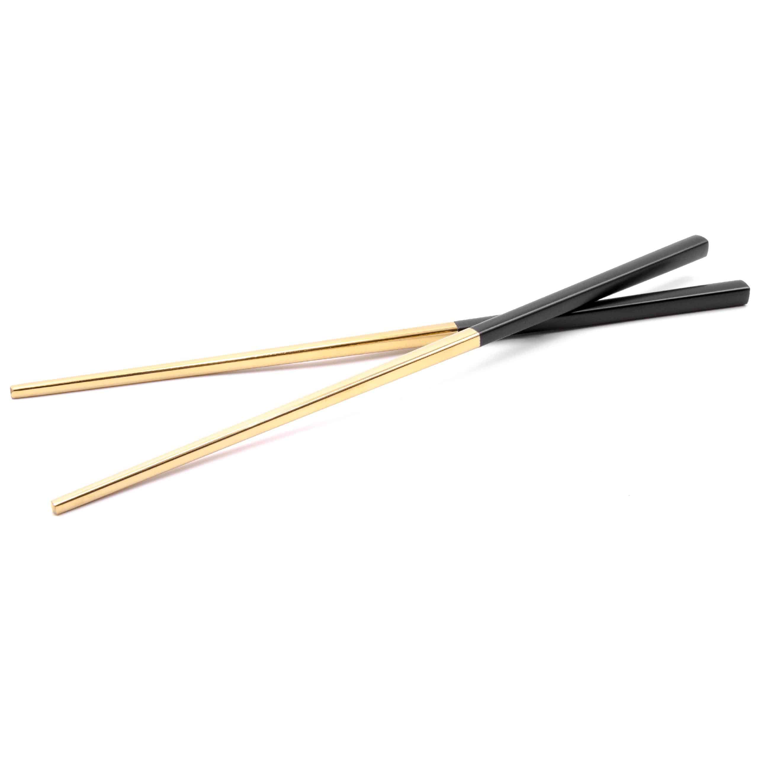 Set de palillos (1 par) - acero inoxidable, oro, negro, 23 cm, reutilizable