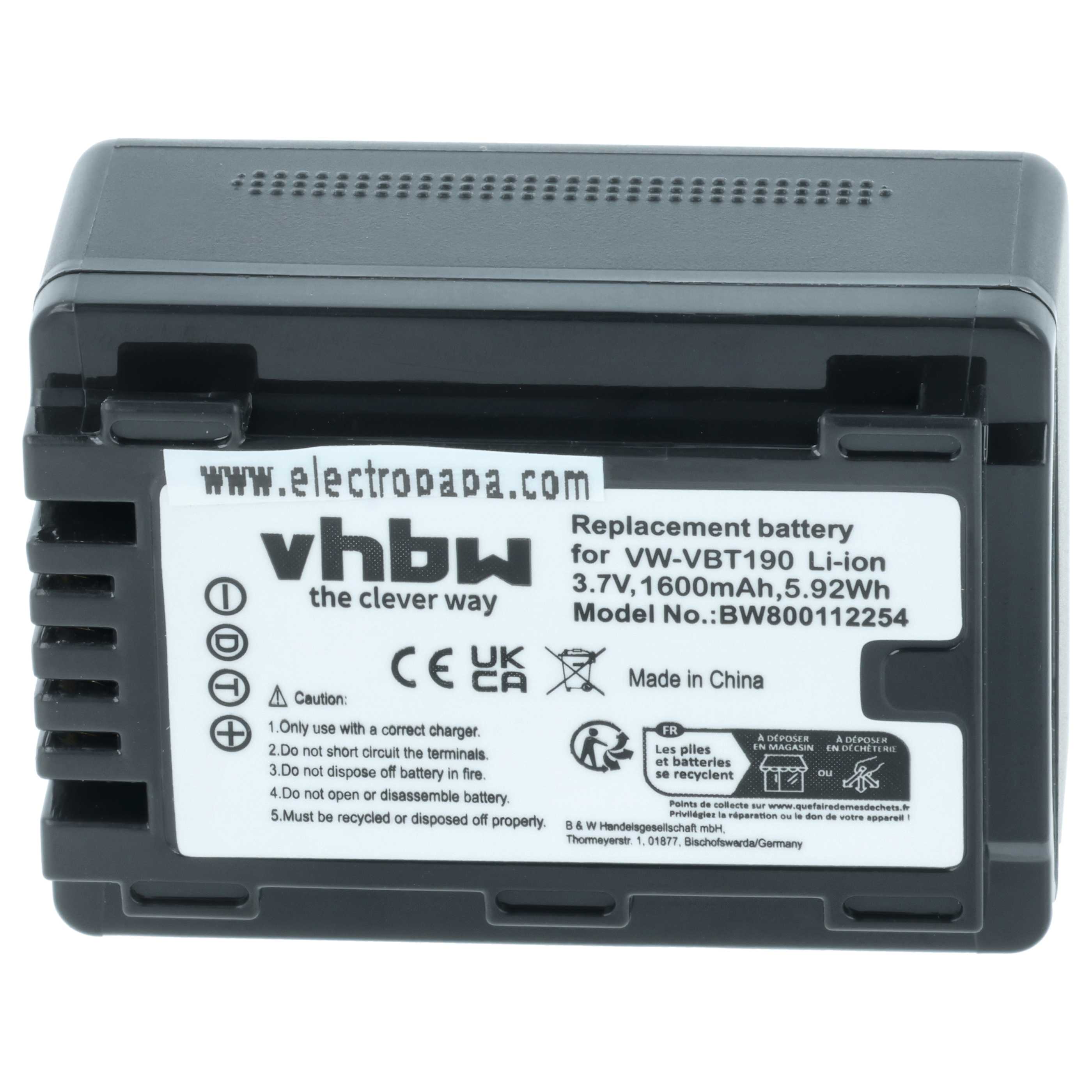 Videocamera 2x Battery replaces Panasonic VW-VBT190 - 1600 mAh 3.6 V Li-Ion