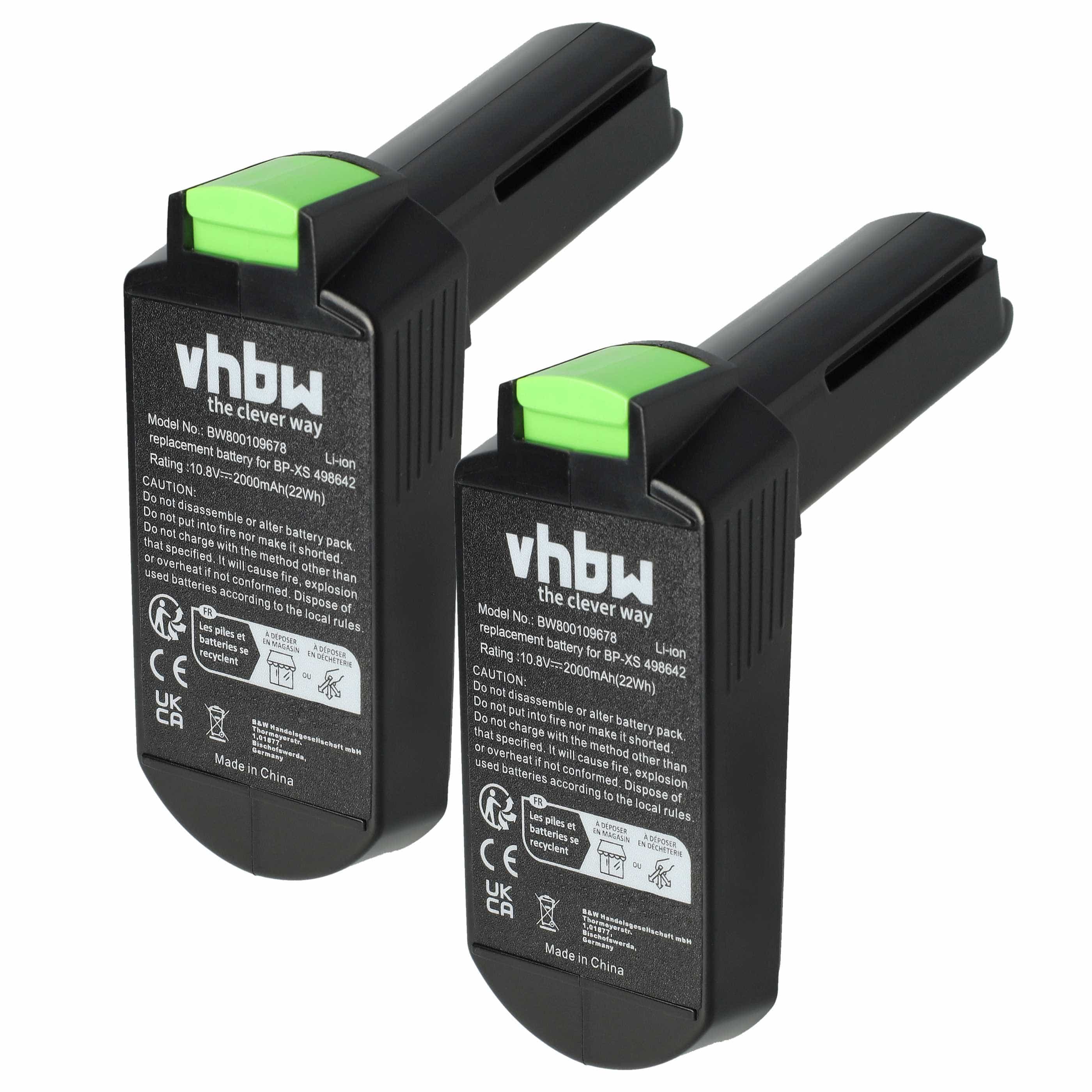 2x Battery replaces Festool 498616, 498338, 498336, 498339 Electric Power Tool - 2000 mAh, 10.8 V, Li-Ion