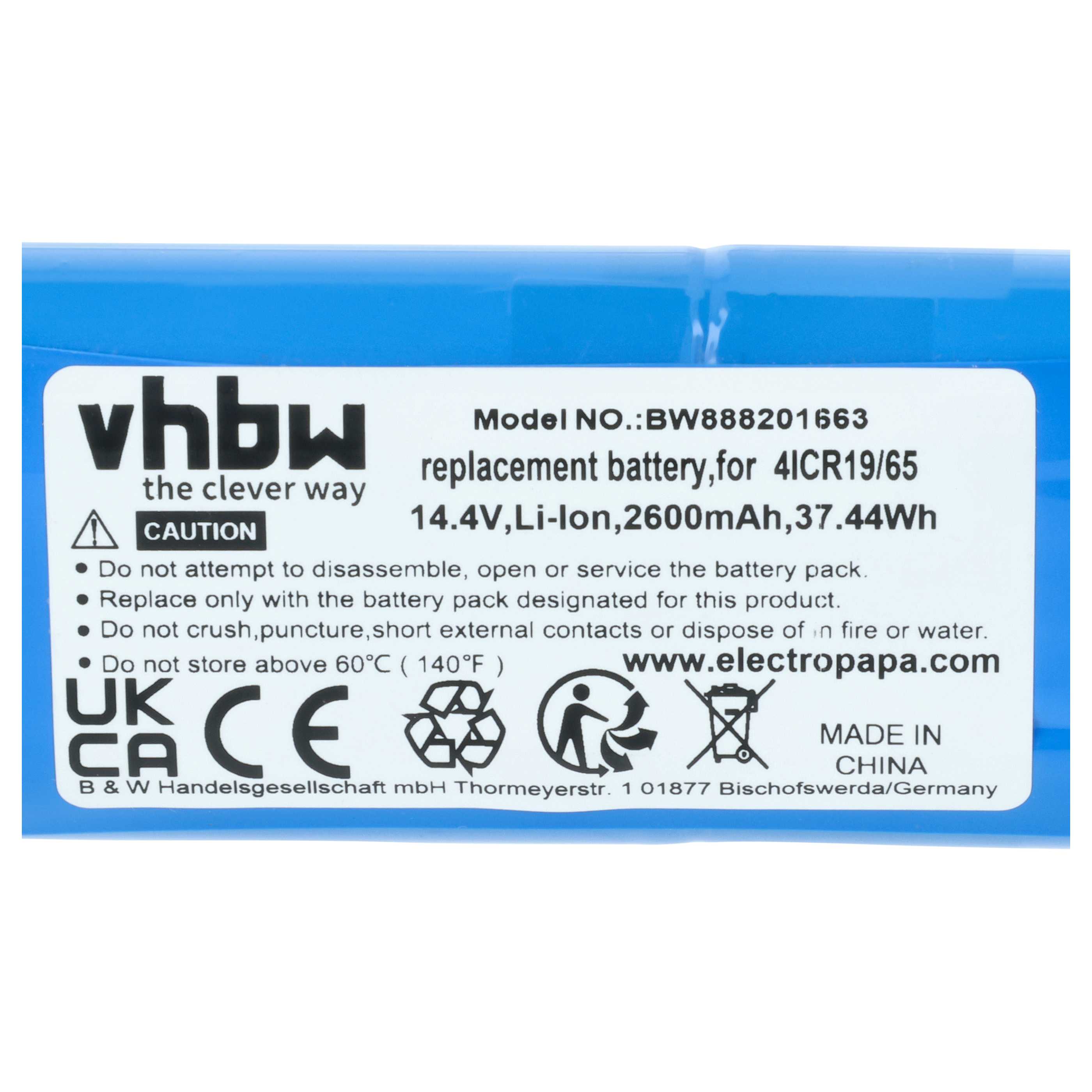 Battery replaces Bissell 4ICR19/65, 1607381 for Philips etc. 2600mAh, 14.4V, Li-Ion