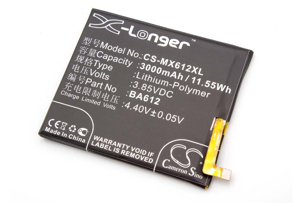 Batterie remplace Meizu BA612 pour téléphone portable - 3000mAh, 3,85V, Li-polymère