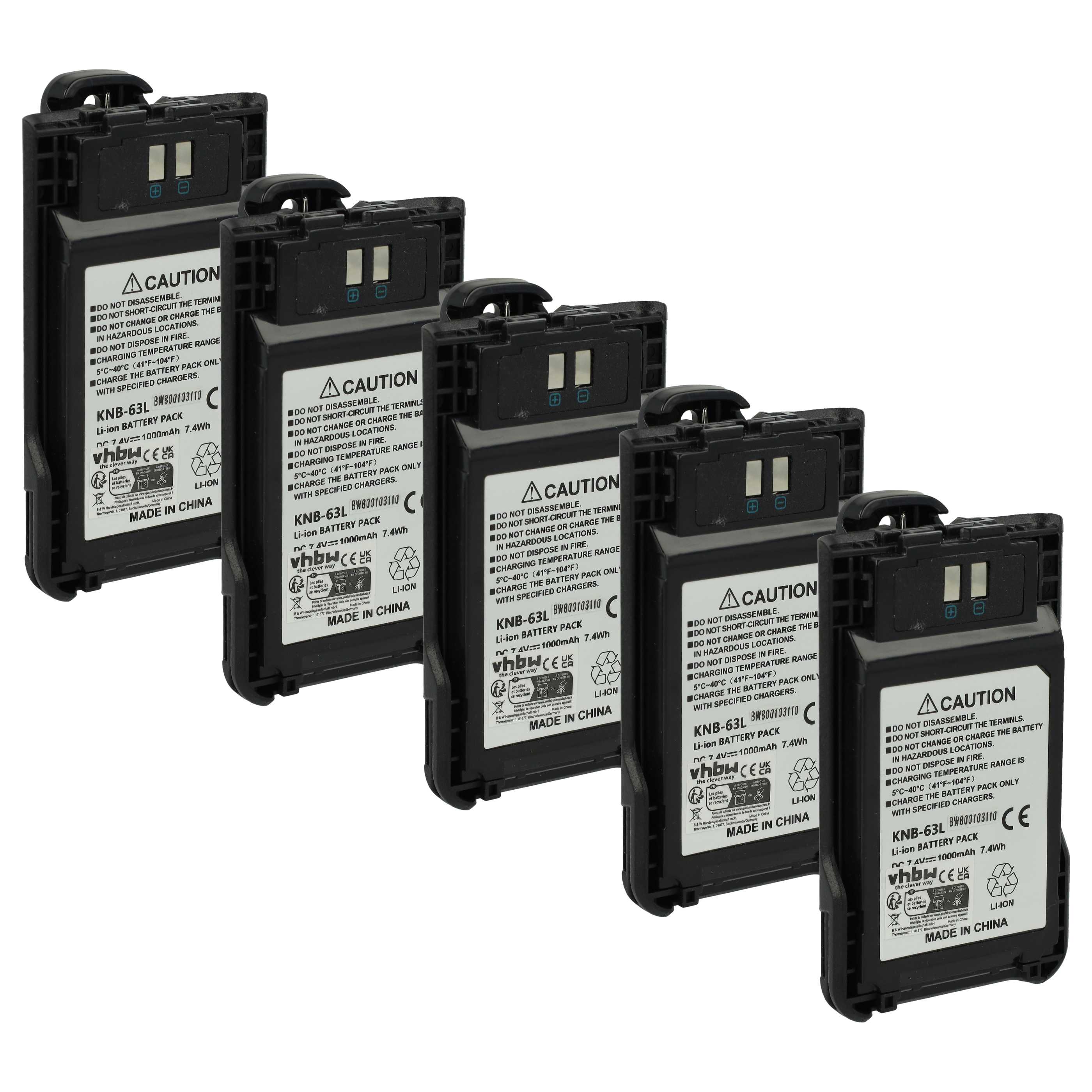 Radio 5x Battery replaces Kenwood KNB-63L, KNB-65L - 1000 mAh 7.4 V Li-Ion + Belt Clip