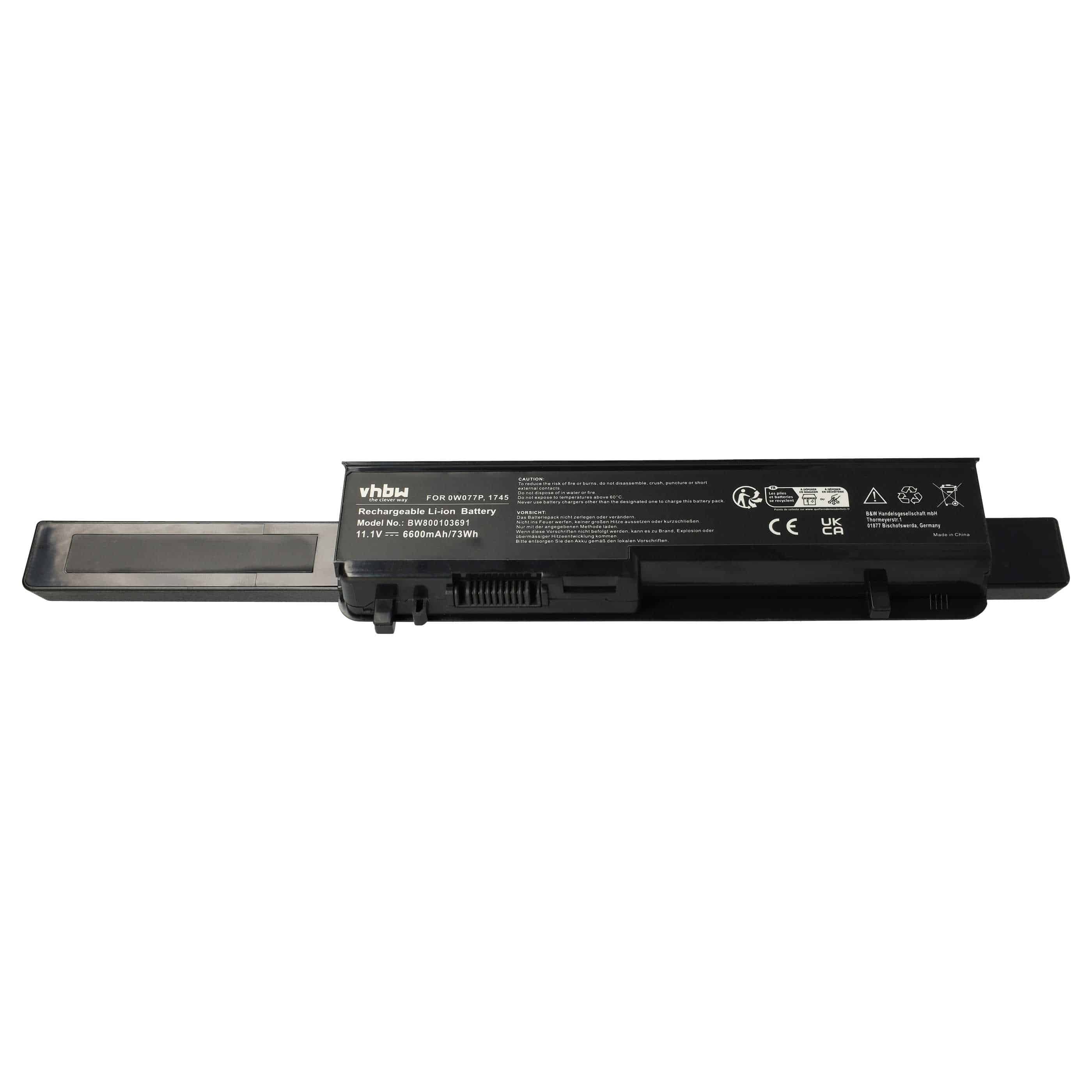 Batería reemplaza Dell 312-0196, 0W077P, A3582354, 312-0186 para notebook Dell - 6600 mAh 11,1 V Li-Ion negro