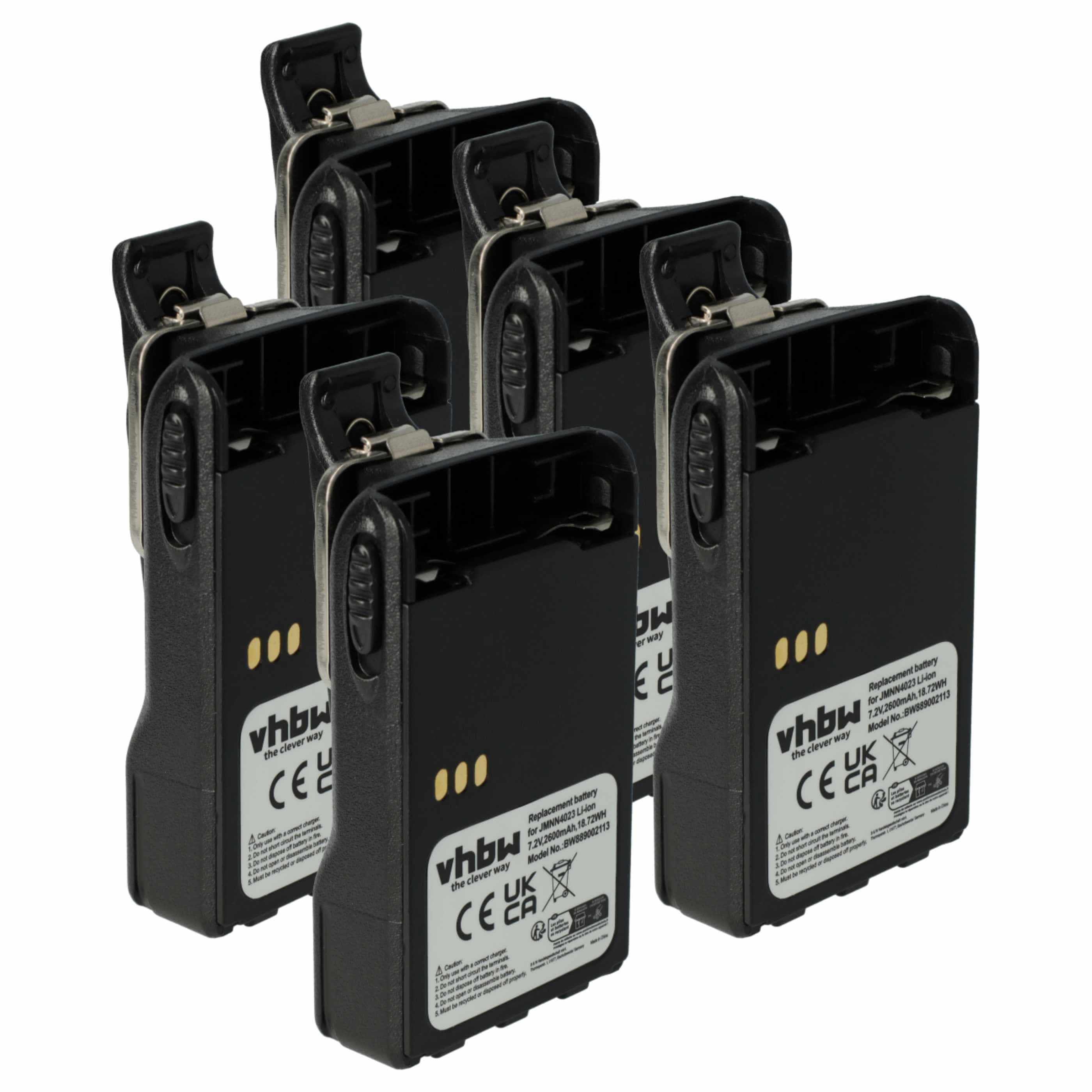 Radio 5x Battery replaces Motorola JMNN4023BR, JMNN4023, JMNN4024 - 2600 mAh 7.2 V Li-Ion + Belt Clip