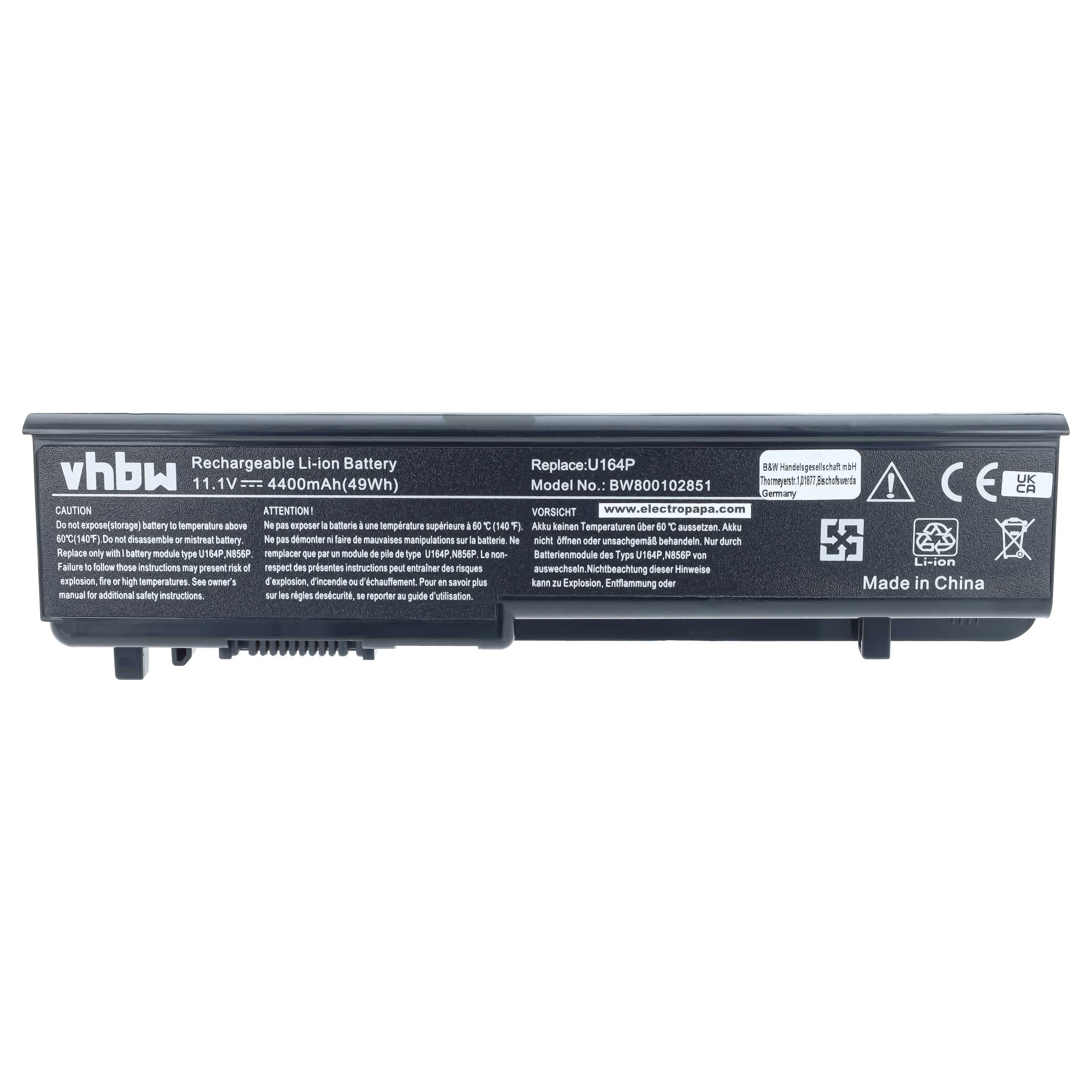 Notebook Battery replaces Dell 312-0196, 312-0186, N856P, U150P, M905P, N855P - 4400 mAh 11.1 V Li-Ion, black