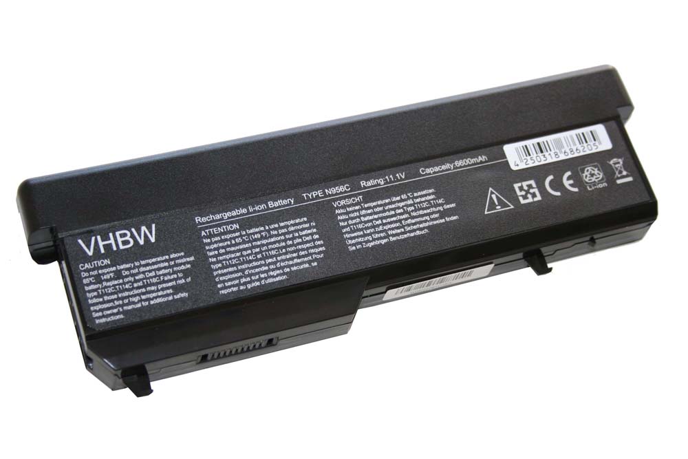 Batterie remplace Dell 0K738H, 0N950C, 0N956C, 0N958C pour ordinateur portable - 6600mAh 11,1V Li-ion, noir