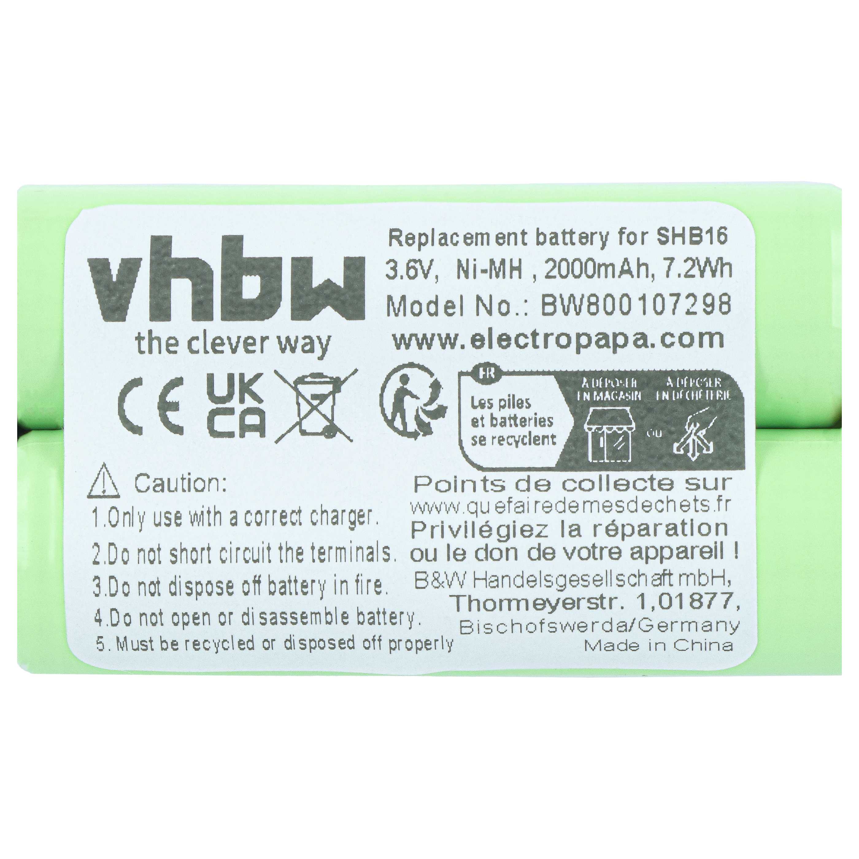 Batterie remplace BaByliss SHB16 pour rasoir électrique BaByliss - 2000mAh 3,6V NiMH