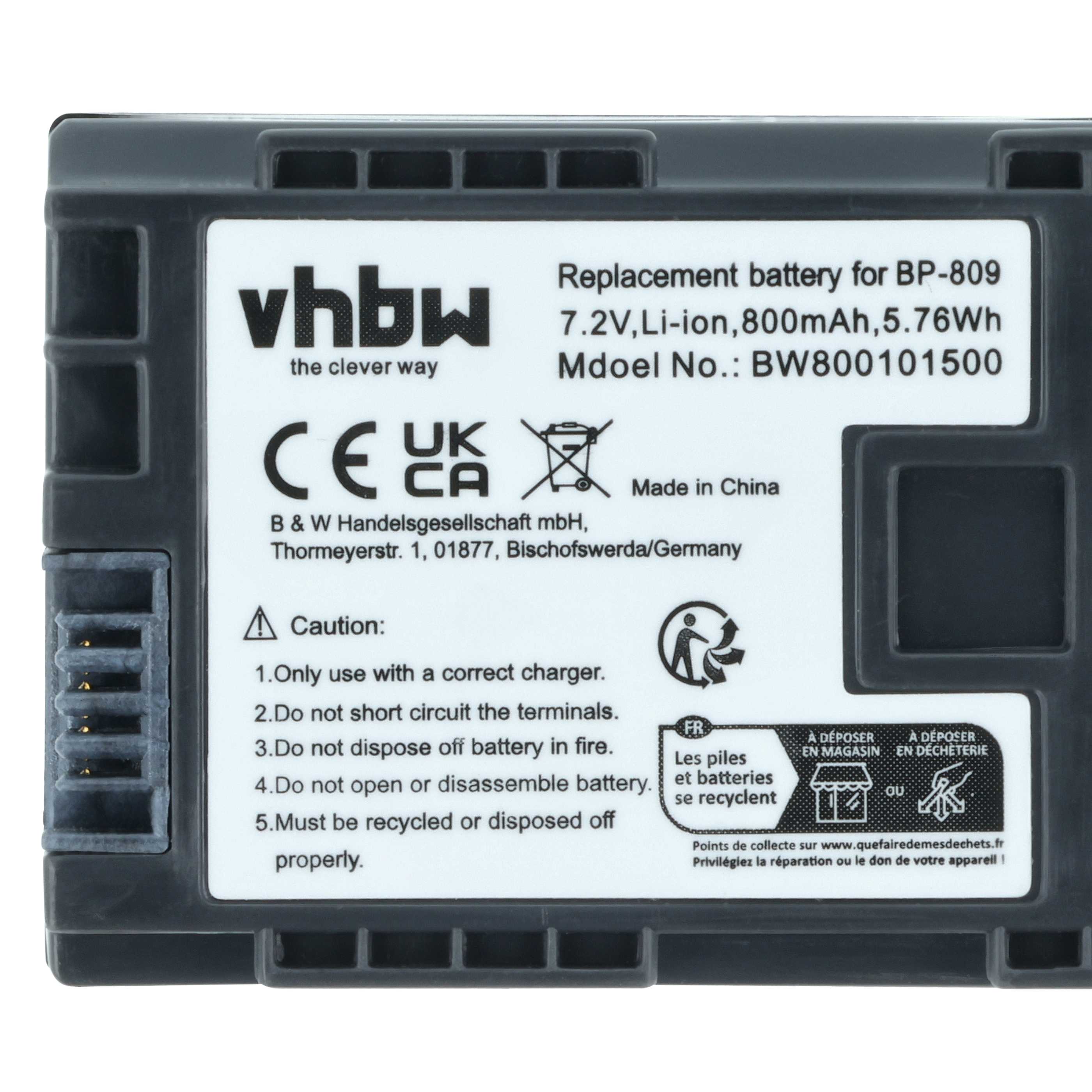 Videocamera Battery replaces Canon BP-807, BP-809, 2740B002 - 800 mAh 7.2 V Li-Ion