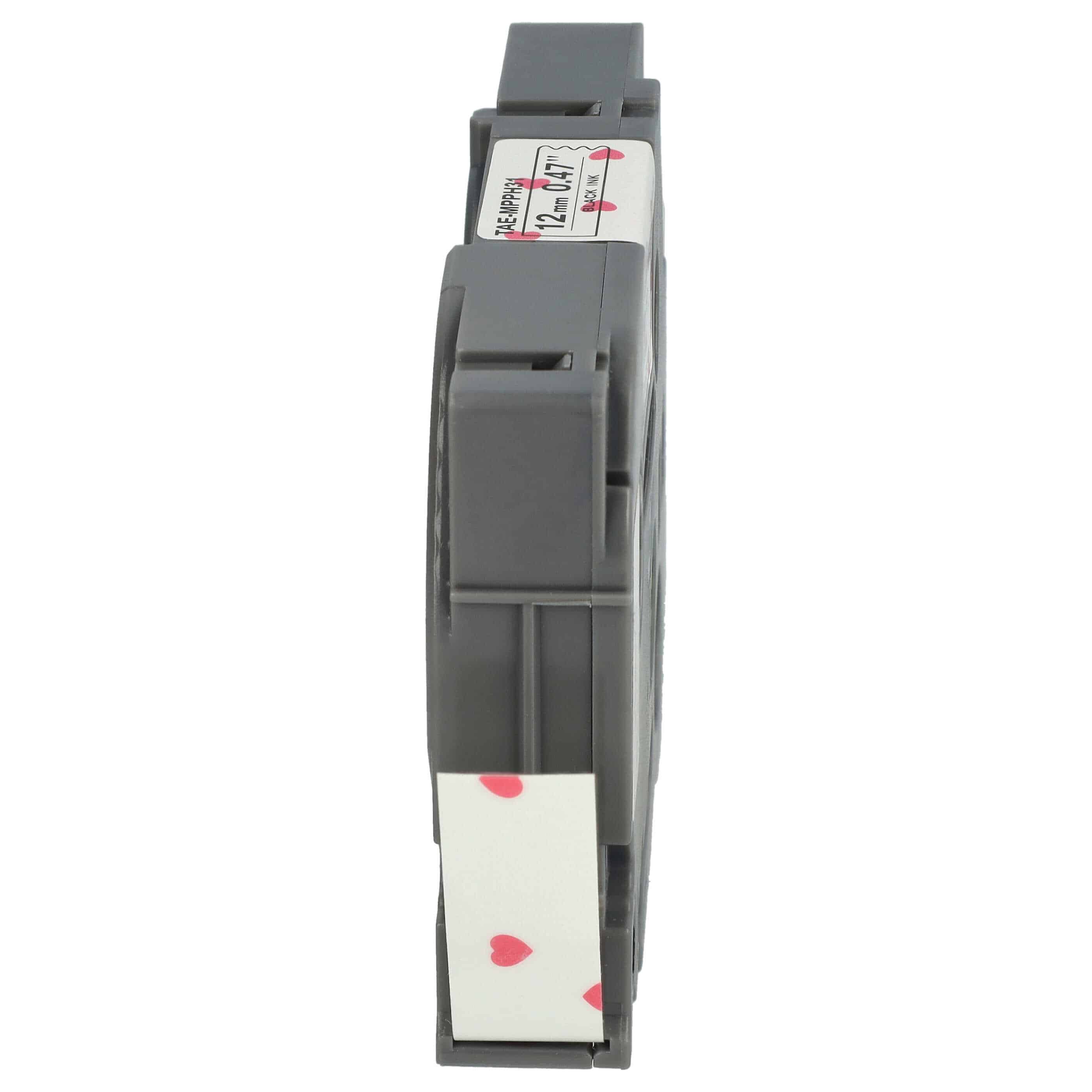 Cassette à ruban remplace Brother TZe-MPPH31 - 12mm lettrage Noir ruban Blanc avec coeurs roses