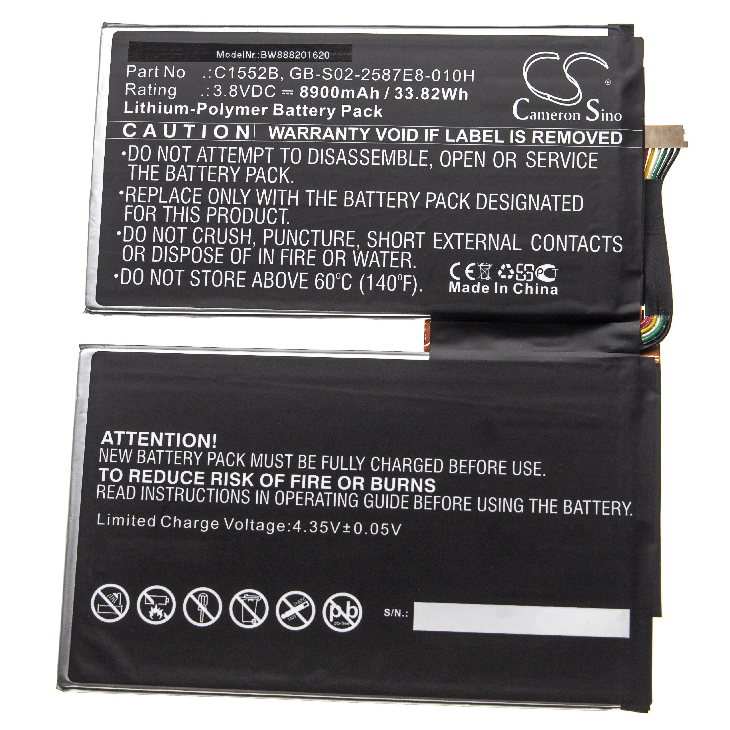 Tablet Battery Replacement for Google C1552B, GB-S02-2587E8-010H - 8900mAh 3.8V Li-polymer