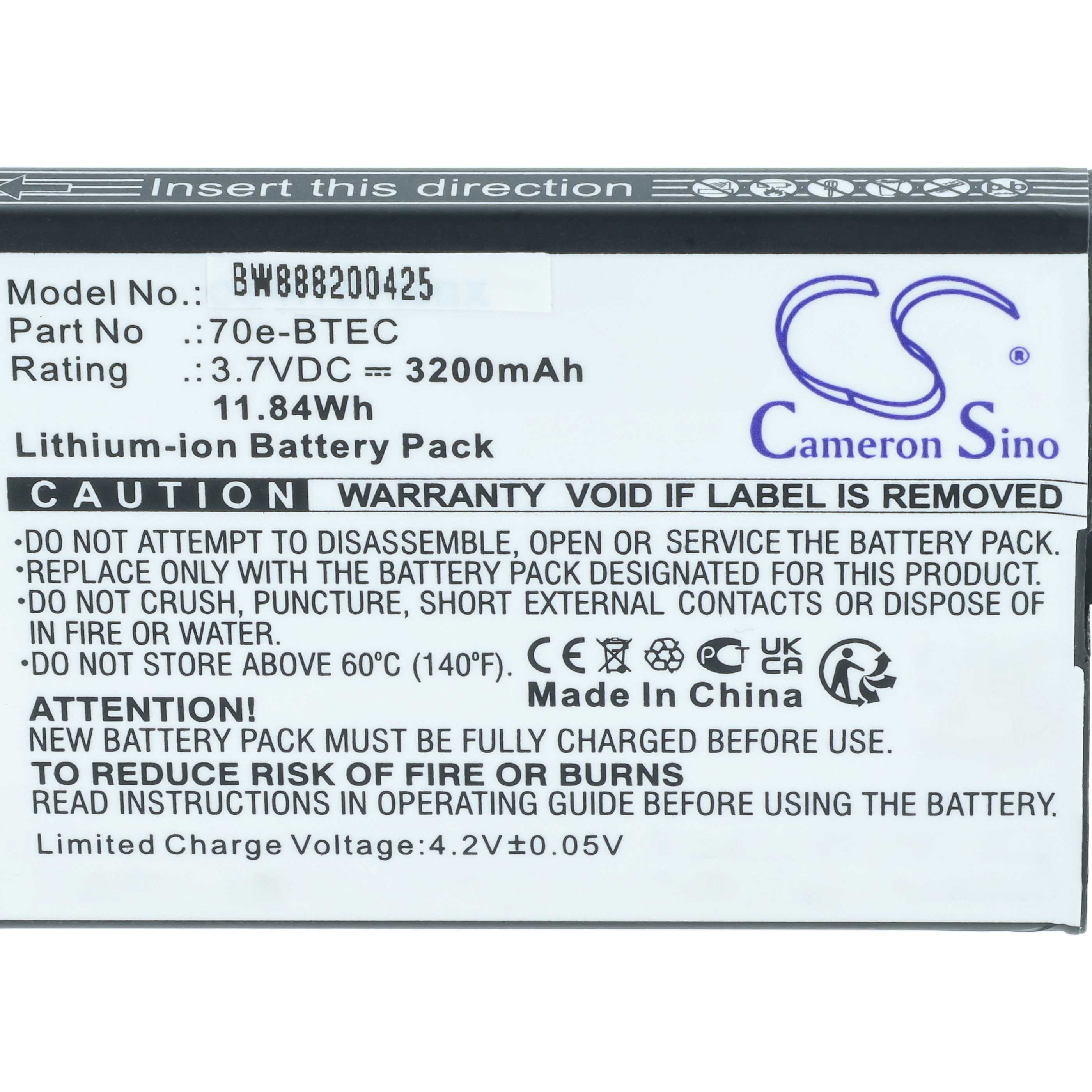 Handheld Computer 5x Battery replaces Honeywell 60S-BATT-1, 70e-BTEC, BAT-EXTENDED-01 - 3200mAh, 3.7V