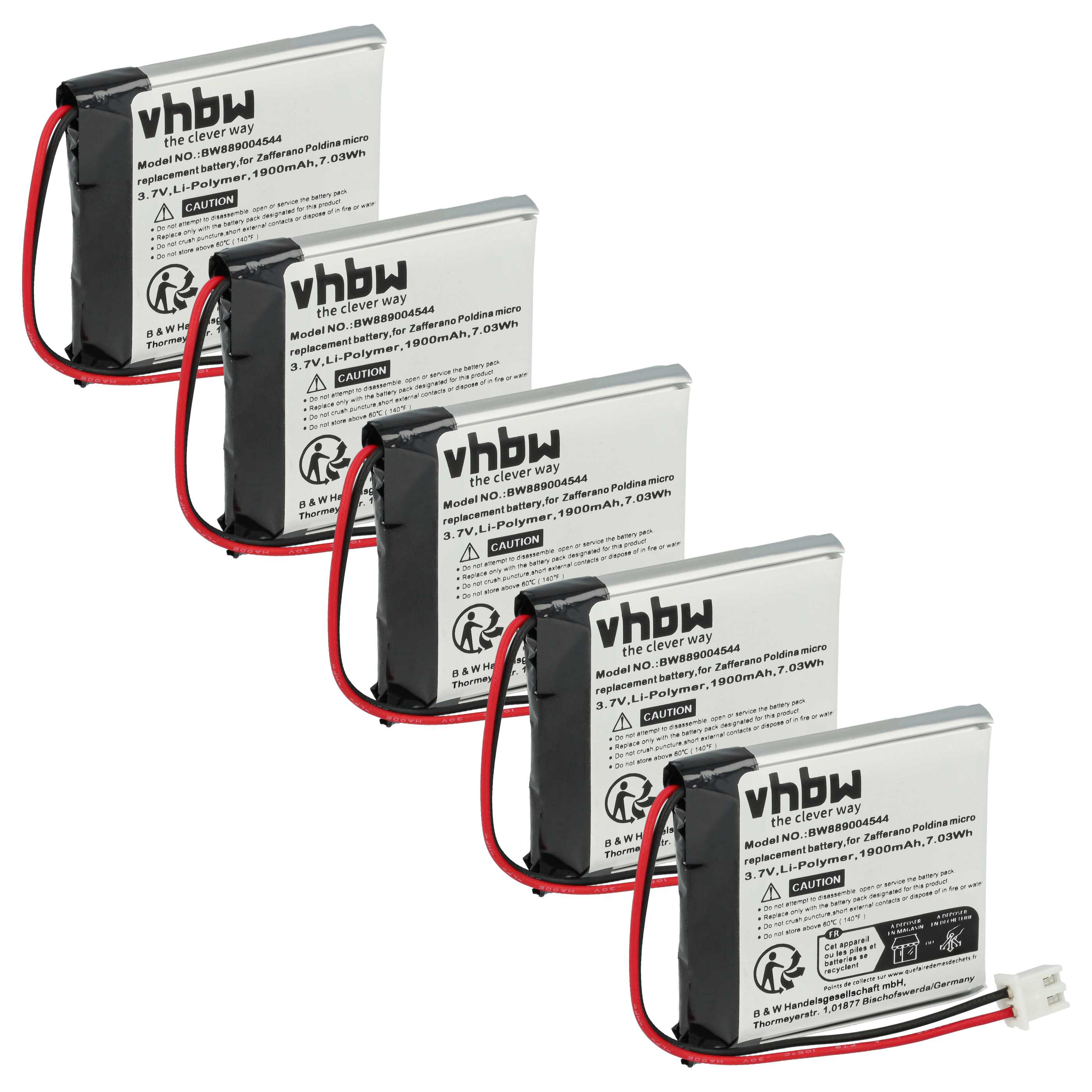 5x Battery replaces Zafferano BAT04704004001000 - 1900 mAh 3.7 V Li-polymer