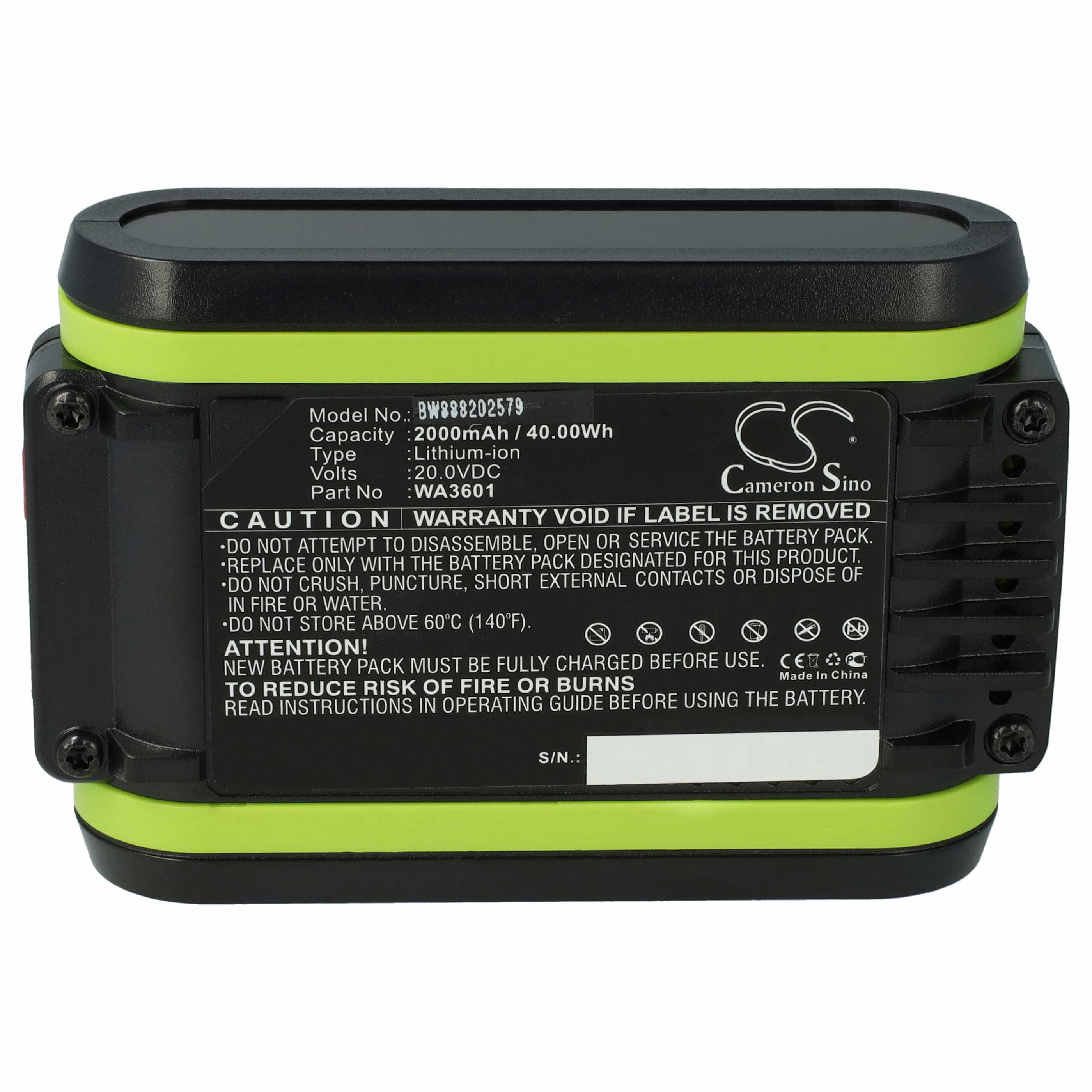 Lawnmower Battery Replacement for Worx WA3601 - 2Ah 20V Li-Ion, black
