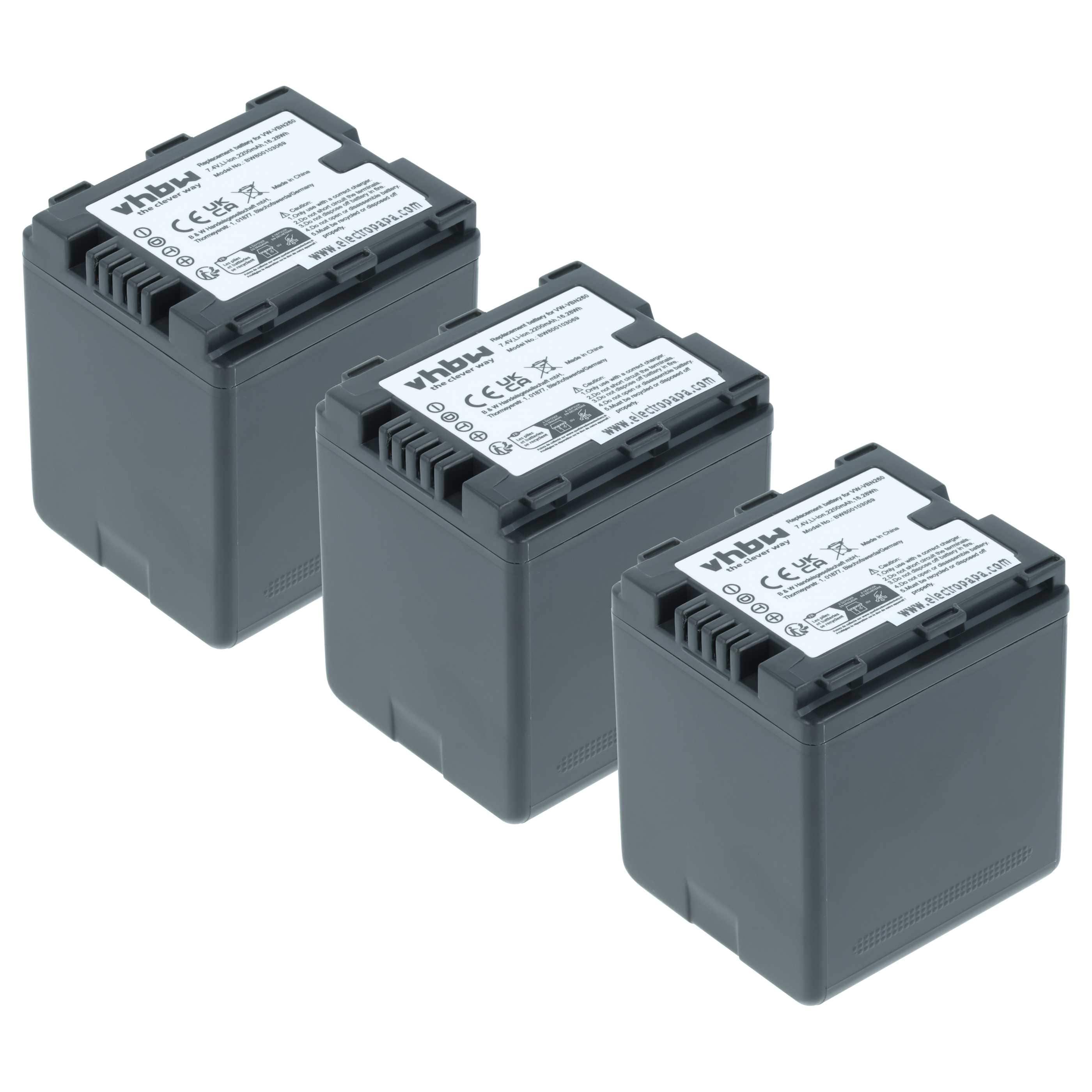 Videocamera 3x Battery replaces Panasonic VW-VBN130E-K, VW-VBN130E, VW-VBN130 - 2200 mAh 7.2 V Li-Ion