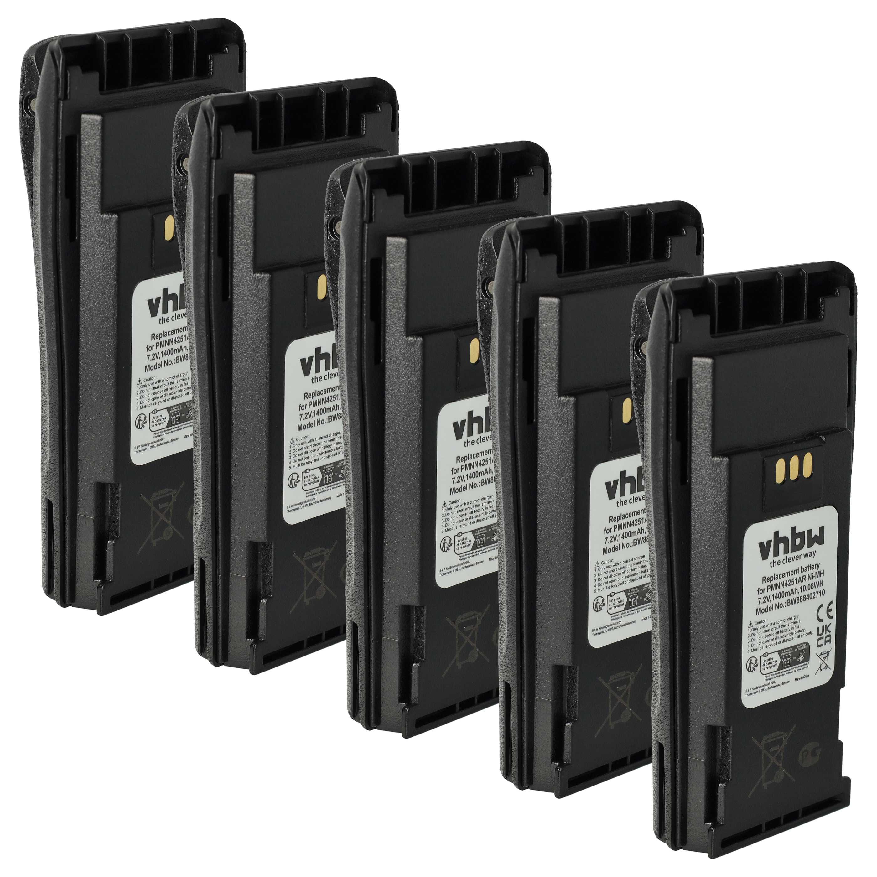 Radio 5x Battery replaces Motorola NNTN4497A, NNTN4497, NNTN4496AR, NNTN4496 - 1400 mAh 7.2 V NiMH + Belt Clip