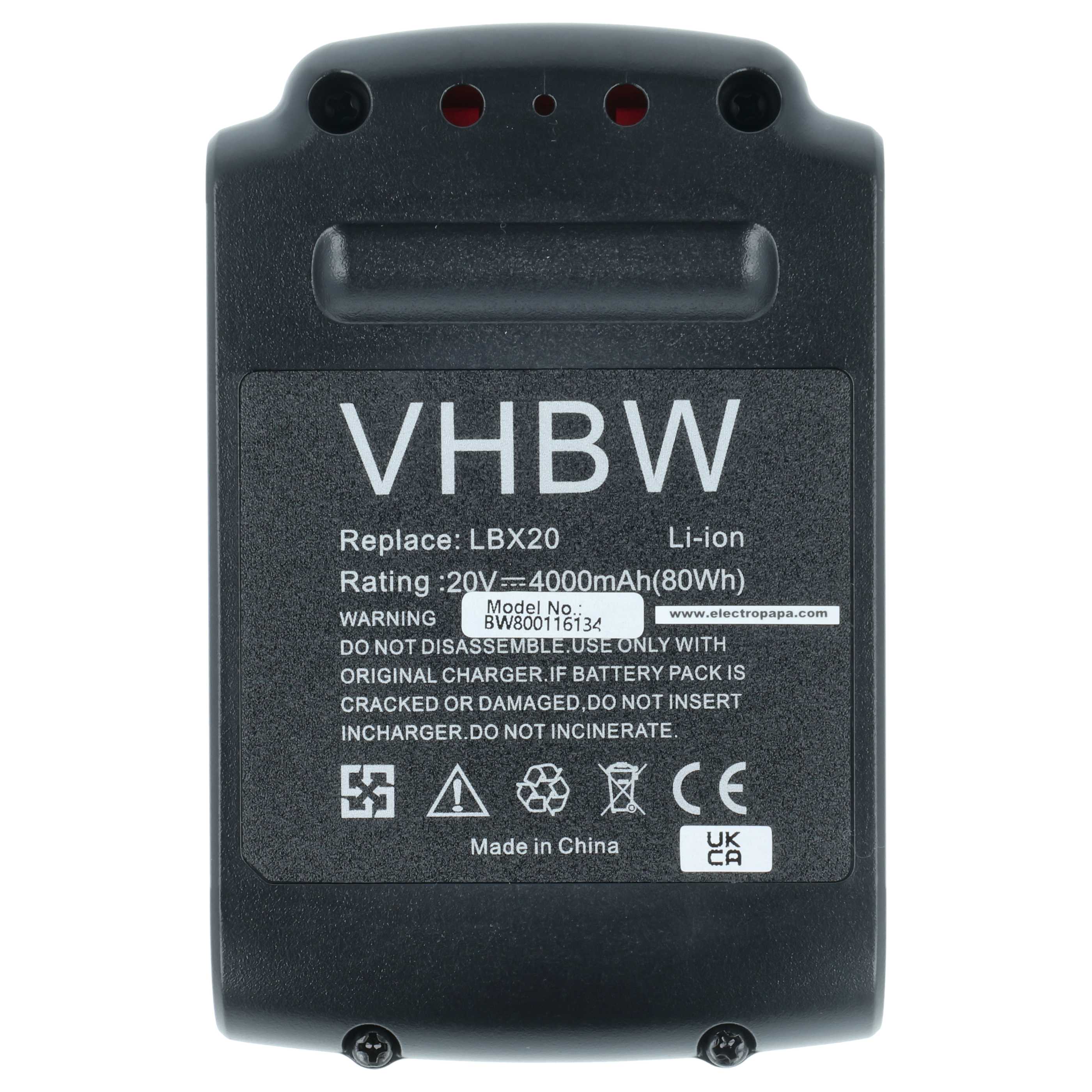 Battery replaces Black & Decker LBXR20, LBX20, LB20, LB2X4020 Electric Power Tool - 4000 mAh, 20 V, Li-Ion