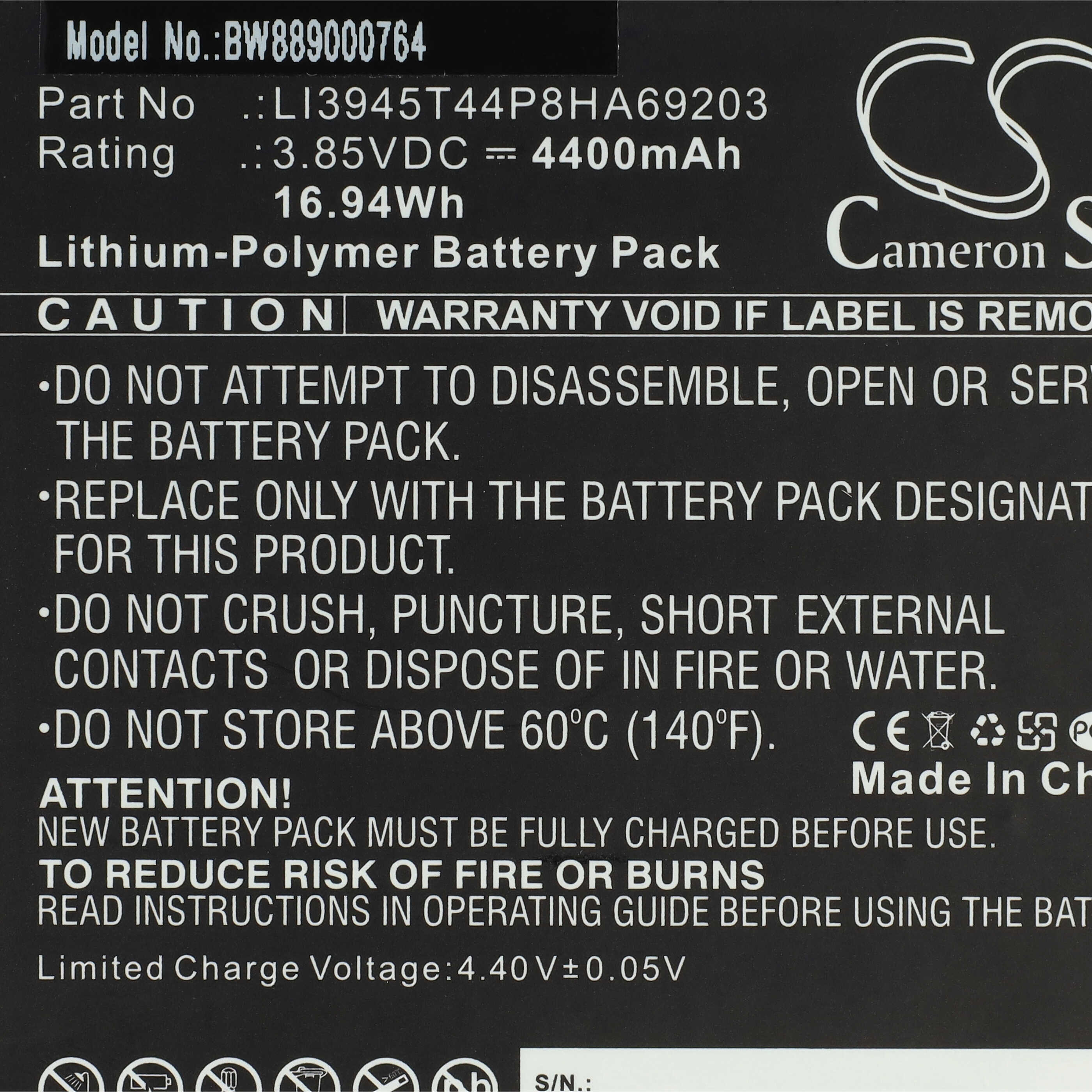 Tablet Battery replaces ZTE LI3945T44P8HA69203 - 4400 mAh 3.85 V Li-polymer