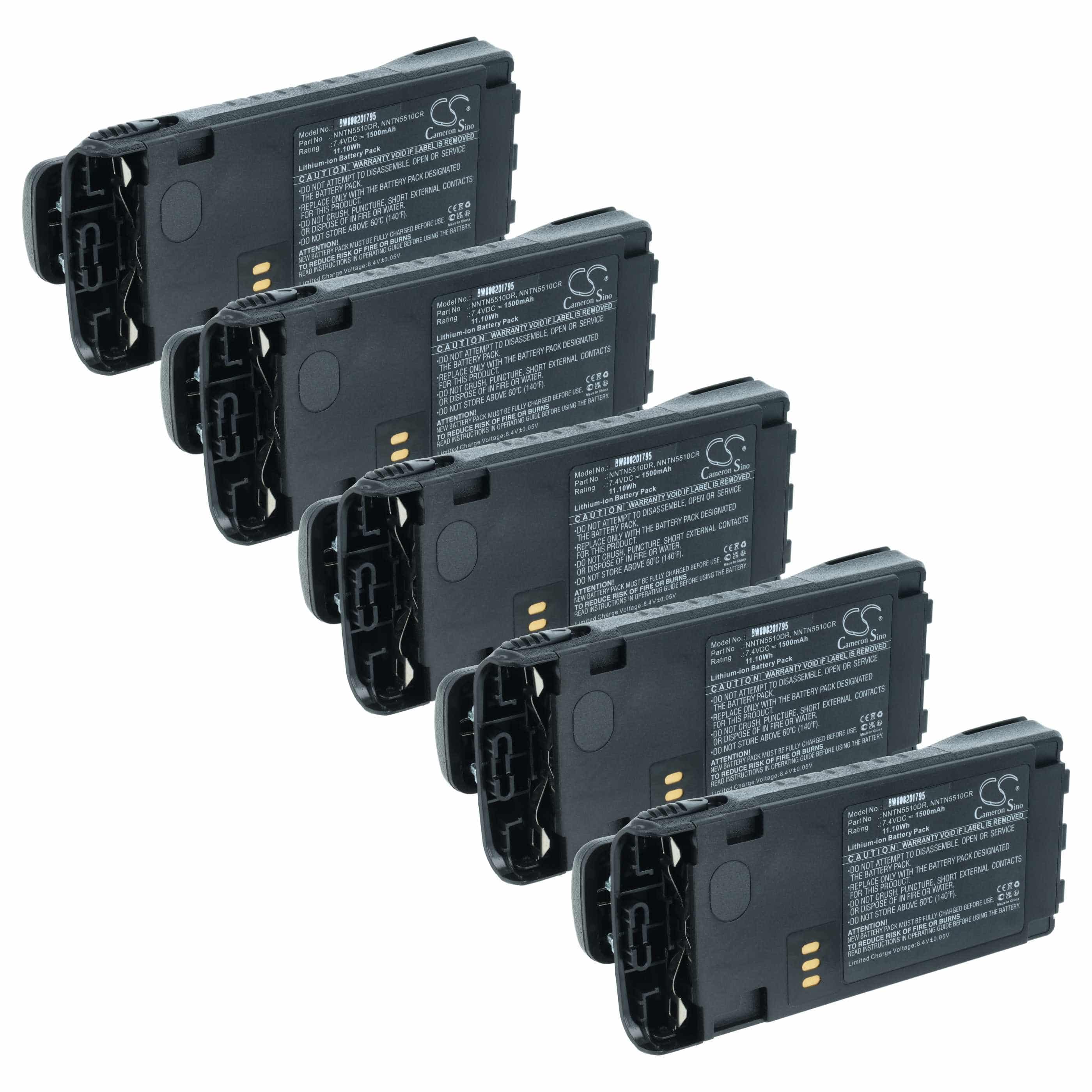 Radio 5x Battery replaces Motorola NNTN5510, NNTN5510BR, NNTN5510AR - 1500 mAh 7.4 V Li-Ion + Belt Clip