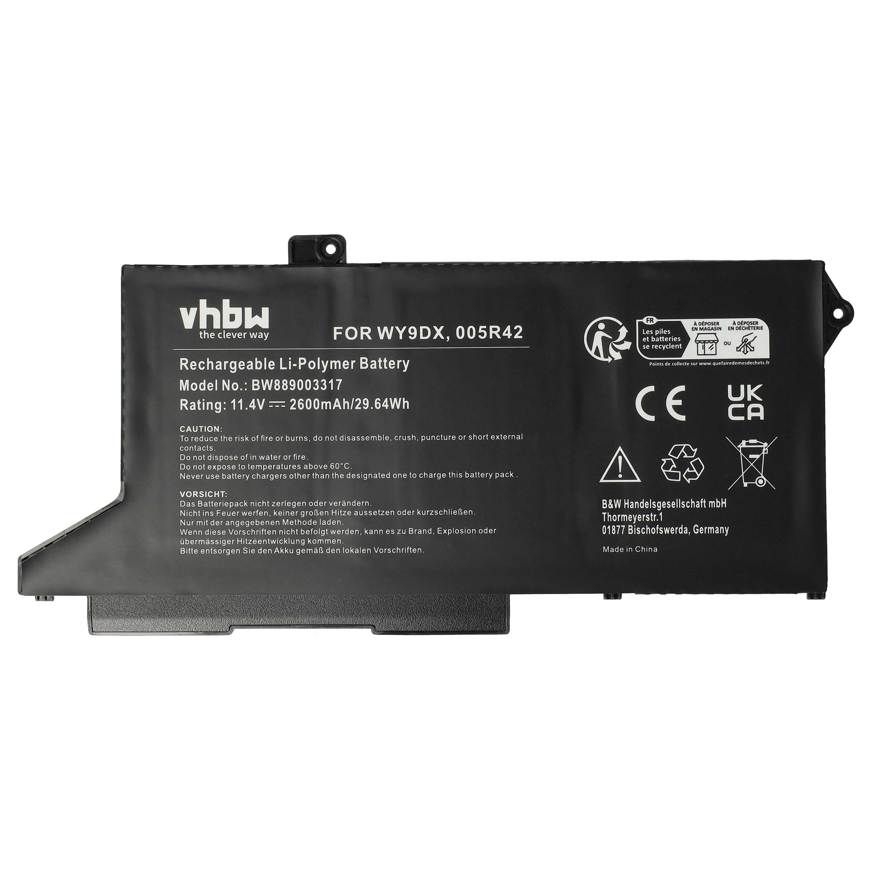 Batería reemplaza Dell 005R42, WY9DX para notebook Dell - 2600 mAh 11,4 V Li-poli