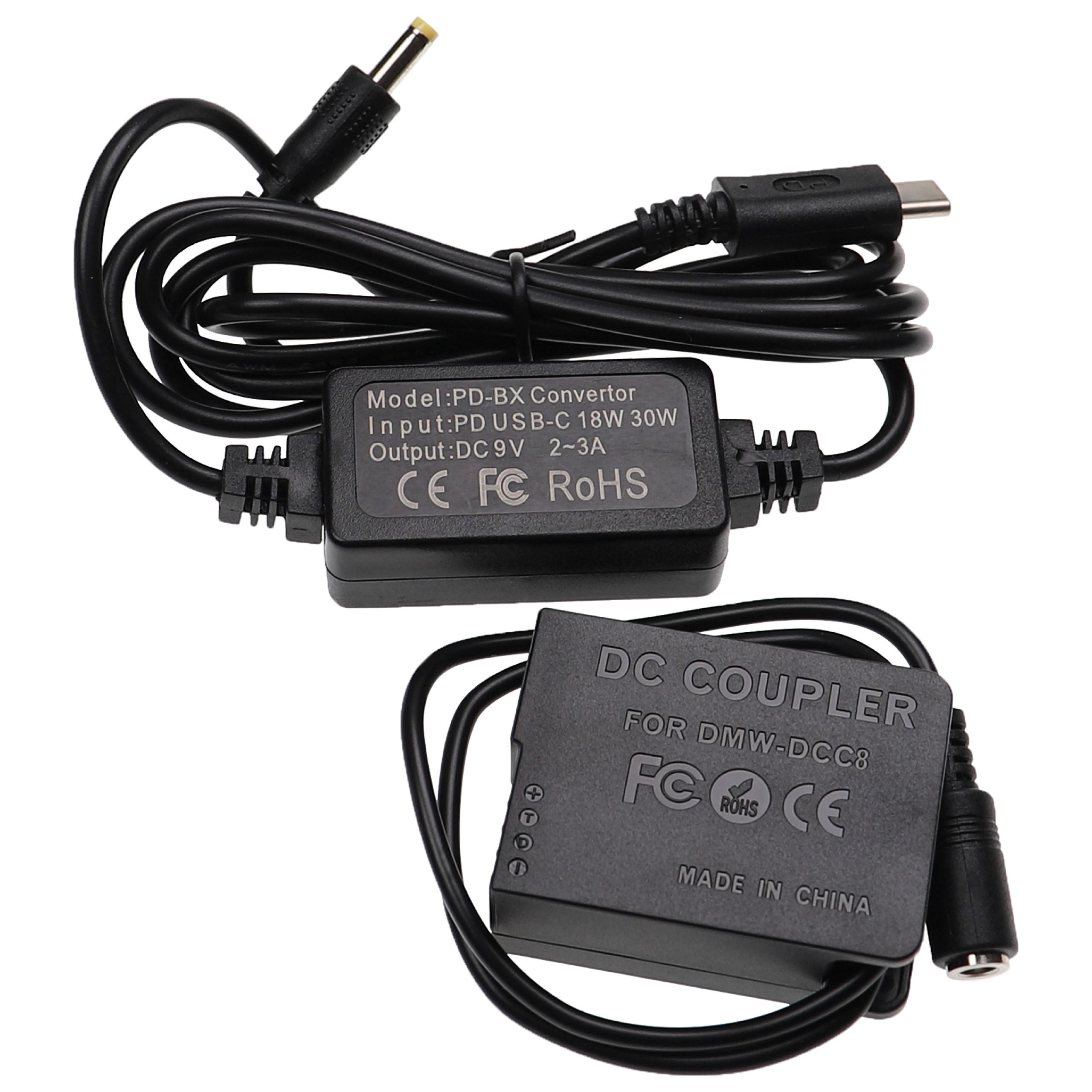 Fuente alimentación USB reemplaza Panasonic DMW-AC8 para cámaras + acoplador CC reemplaza Panasonic DMW-DCC8