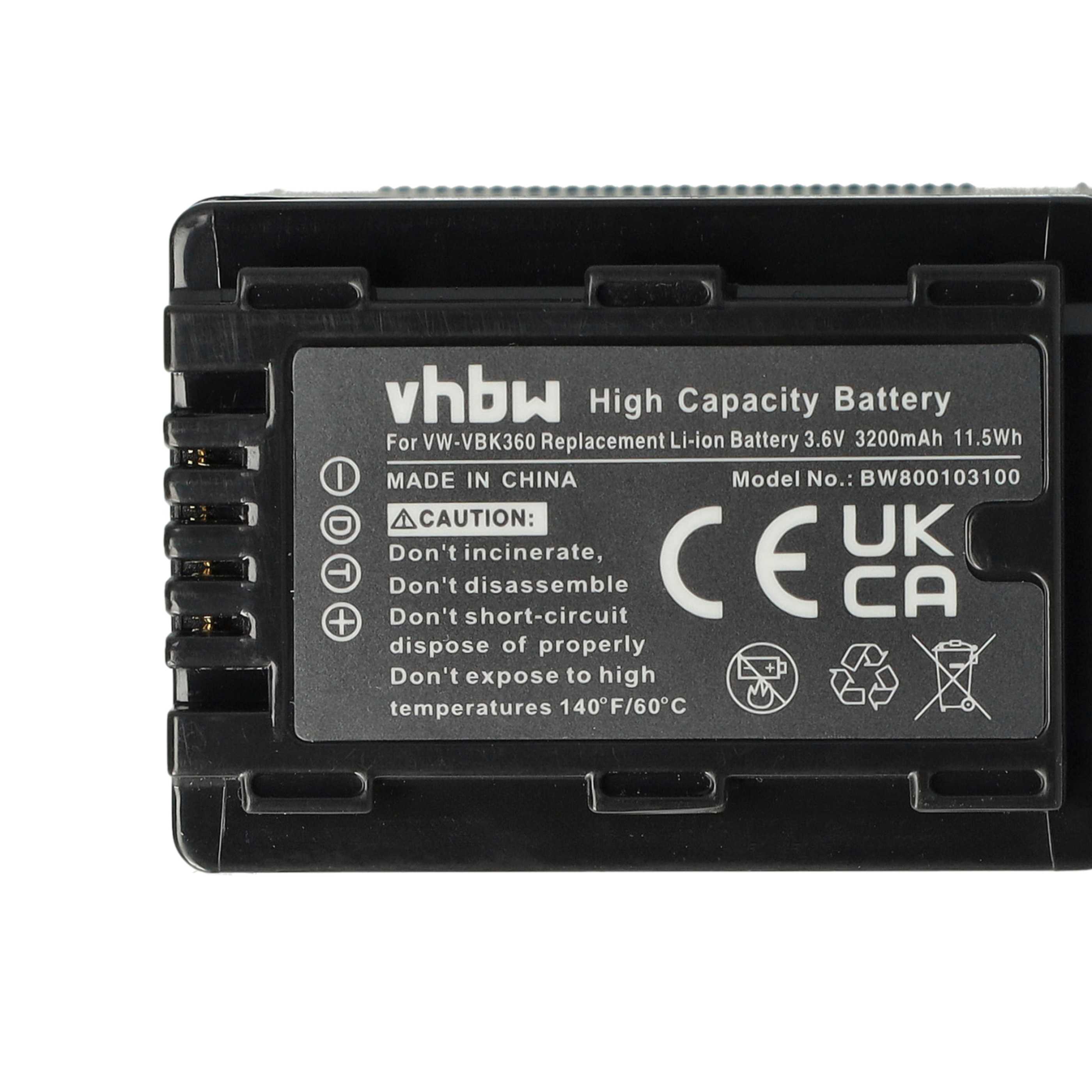 Videocamera 2x Battery replaces Panasonic VW-VBK180, VW-VBK180-K, VW-VBK360 - 3200 mAh 3.6 V Li-Ion