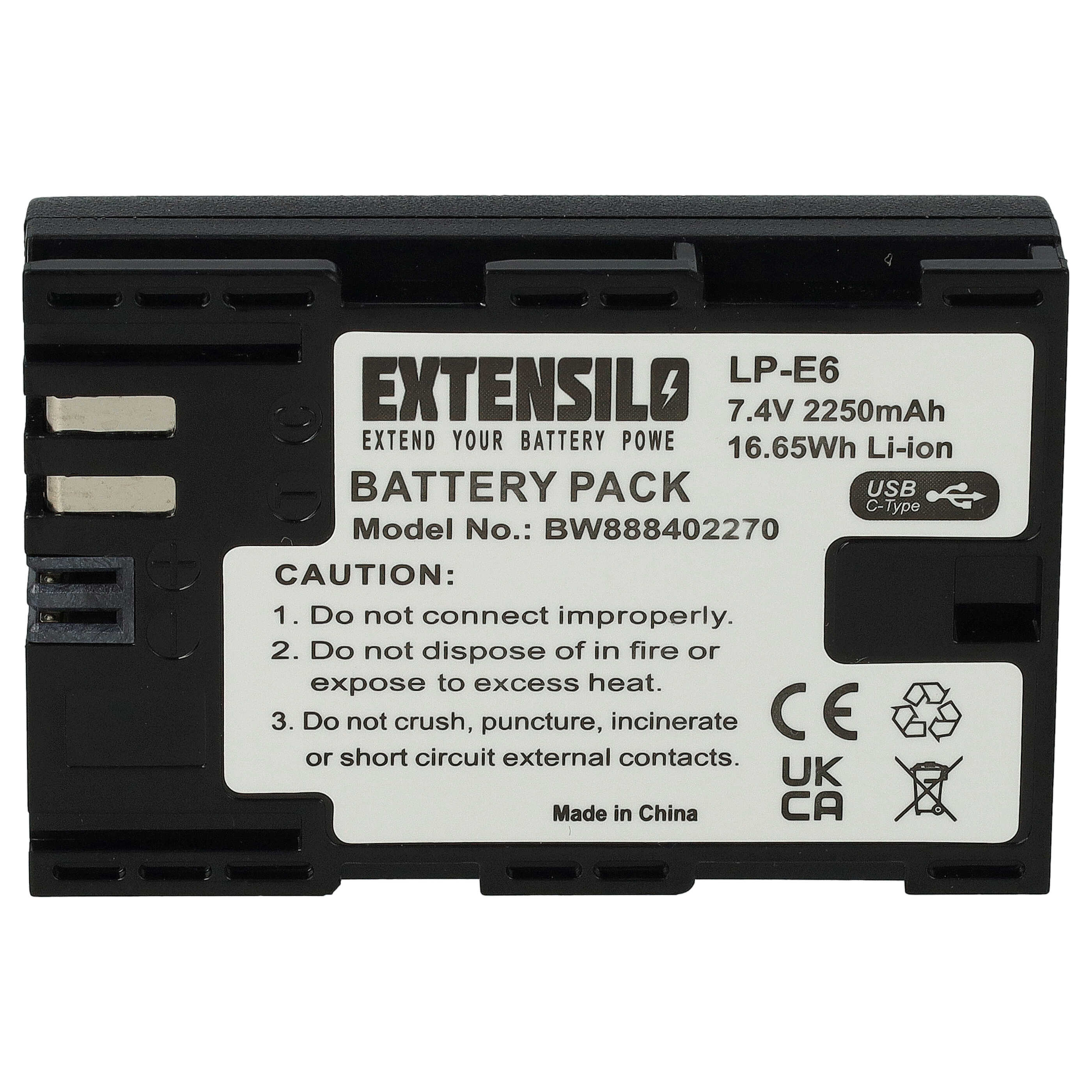 3x Battery replaces Canon LP-E6 - 2250mAh, 7.4V, Li-Ion, with USB C Socket