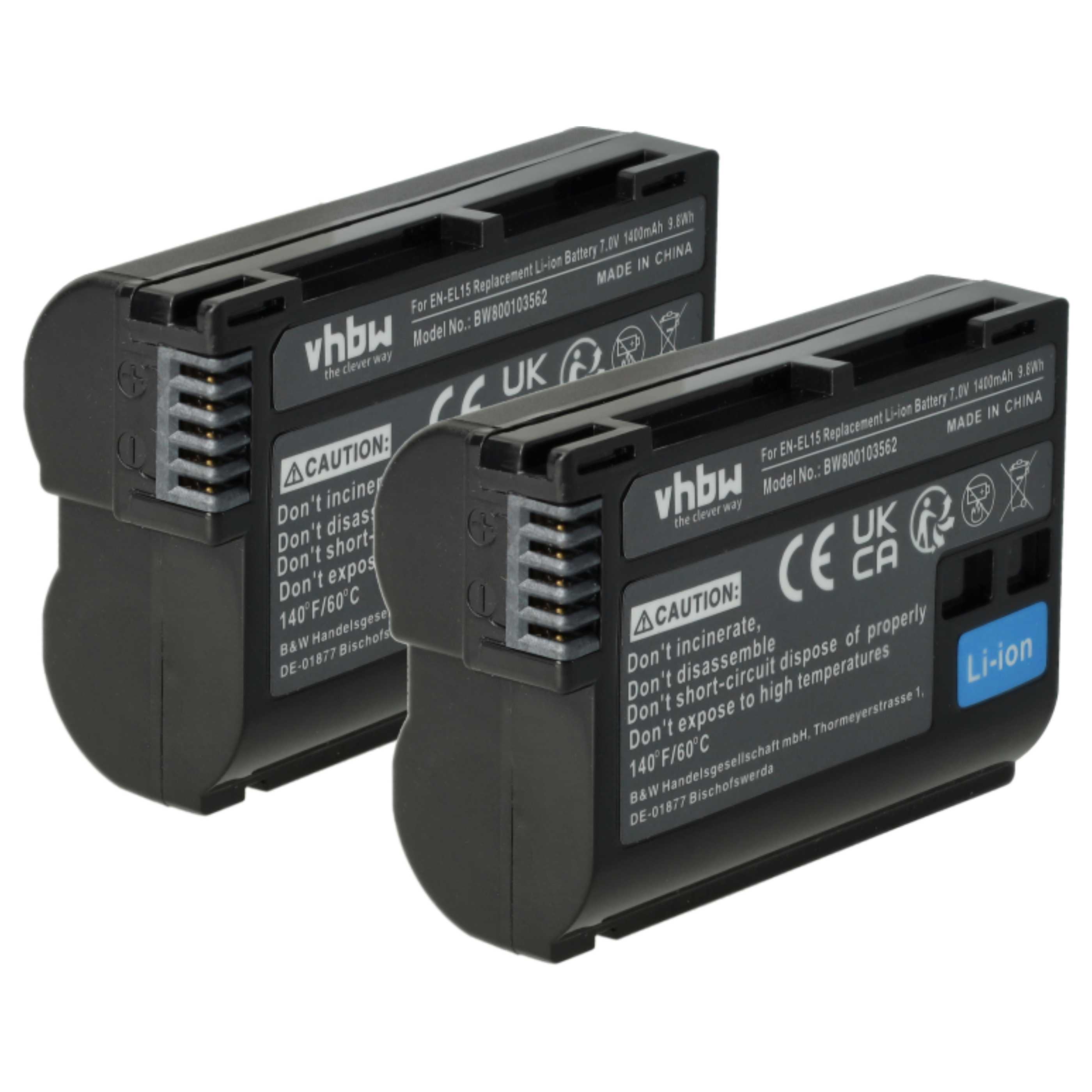 2x Battery replaces Nikon EN-EL15, EN-EL15b, EN-EL15A, EN-EL15c - 1400mAh, 7V, Li-Ion with Info Chip
