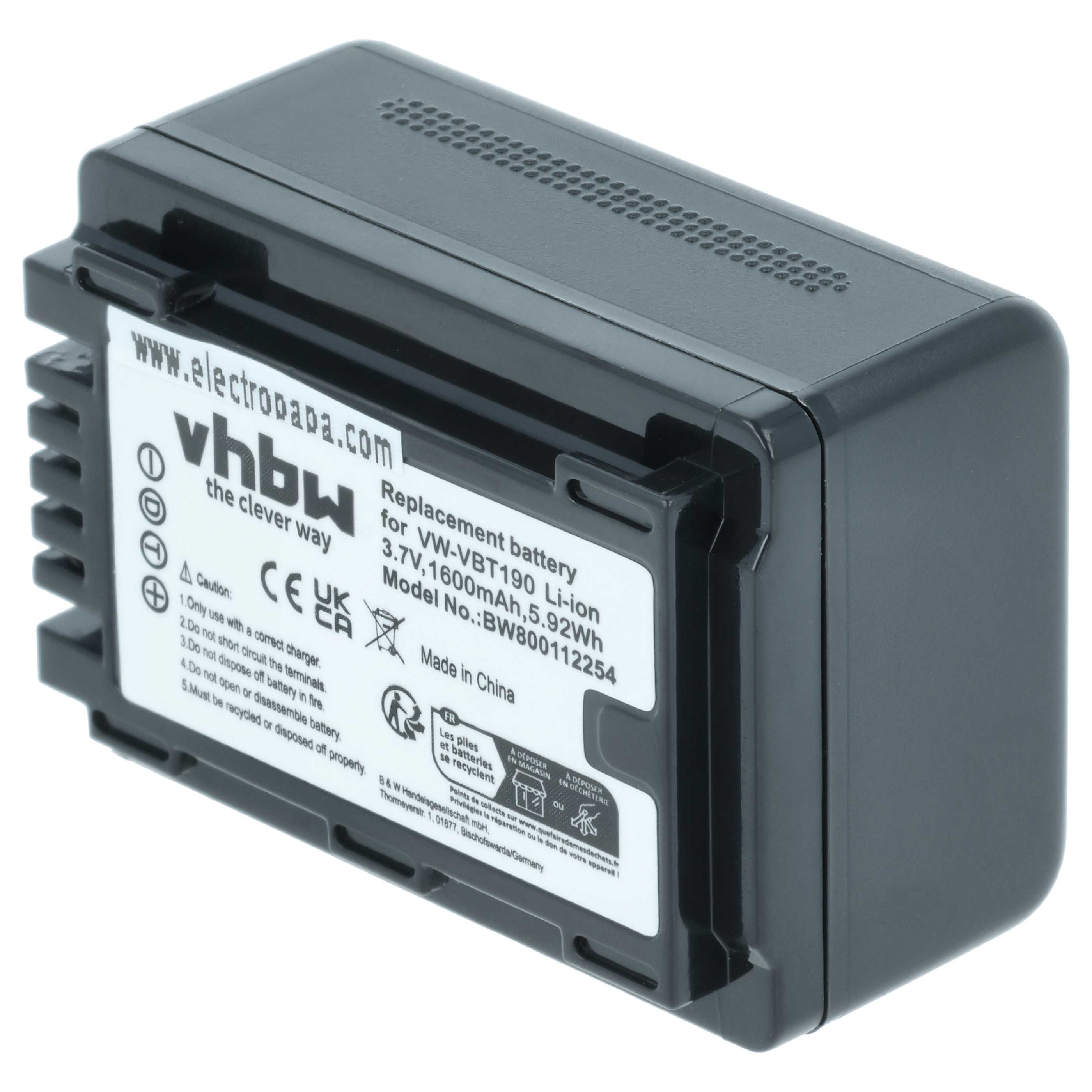 Videocamera Battery replaces Panasonic VW-VBT190 - 1600 mAh 3.6 V Li-Ion