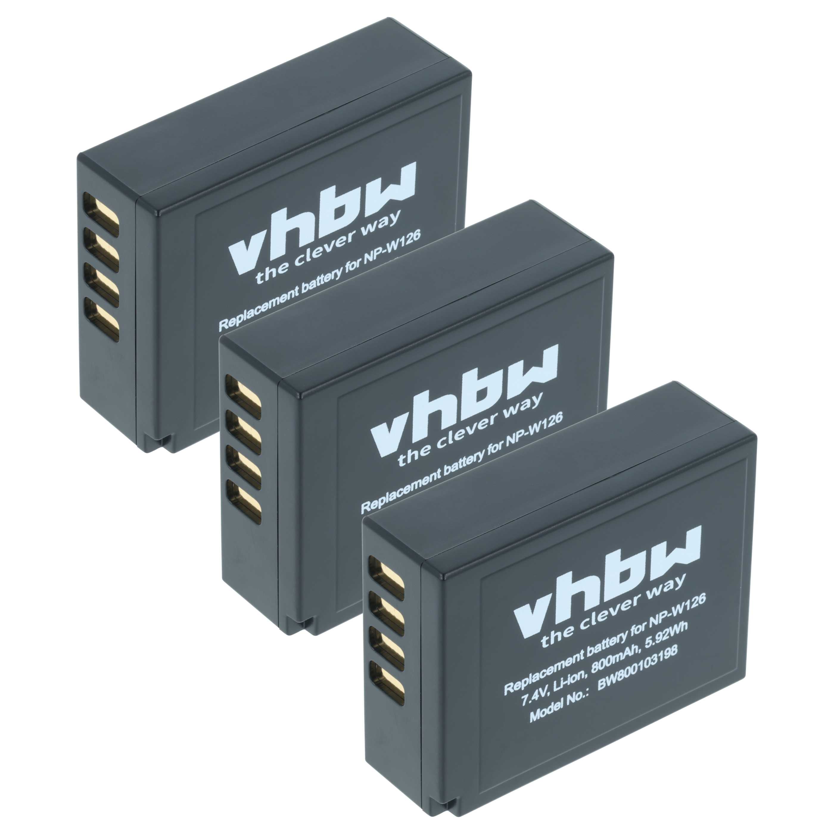 3x Battery replaces Fuji Fujifilm NP-W126s, NP-W126 - 800mAh, 7.2V, Li-Ion