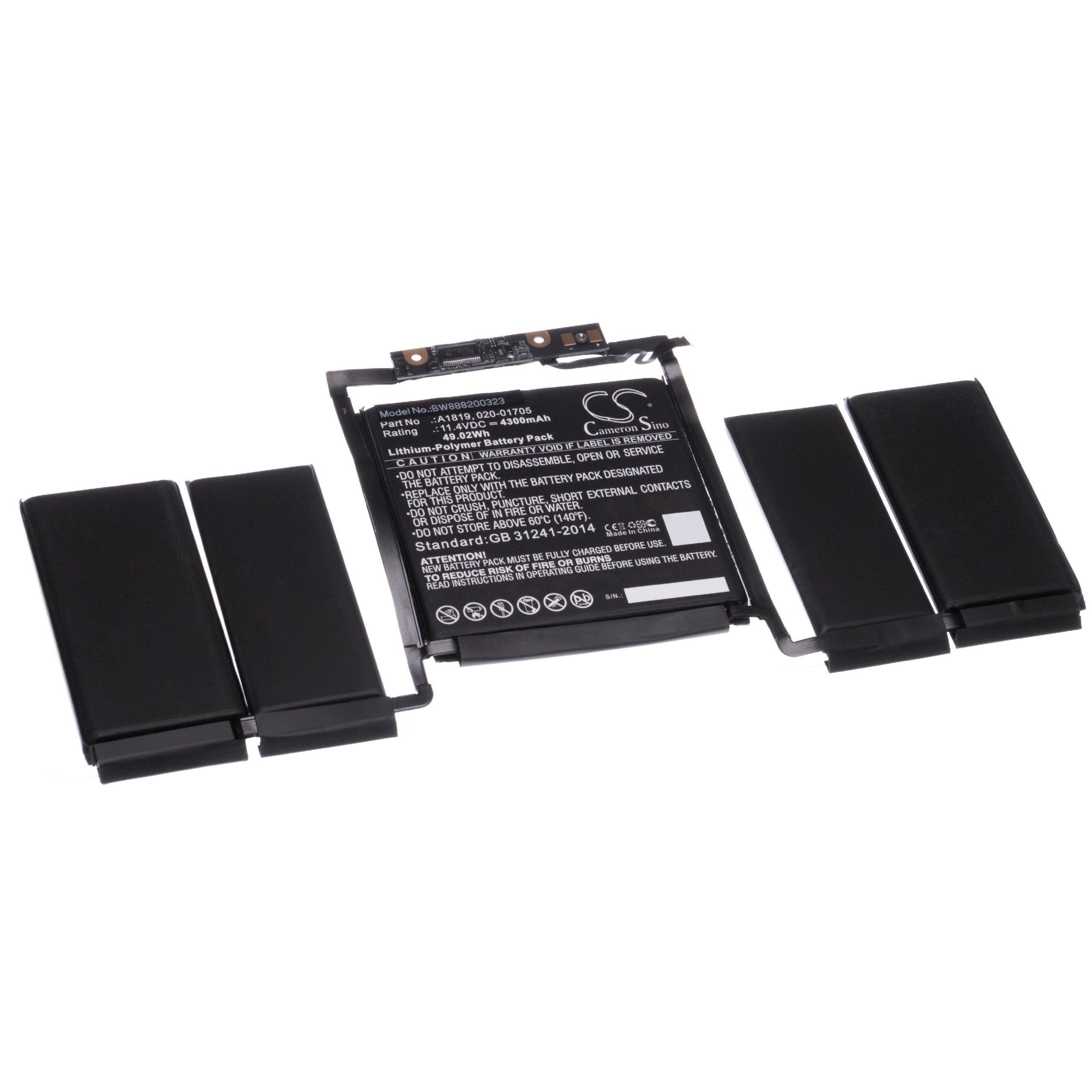 Batterie remplace Apple 020-01705, A1819 pour ordinateur portable - 4300mAh 11,4V Li-polymère, noir