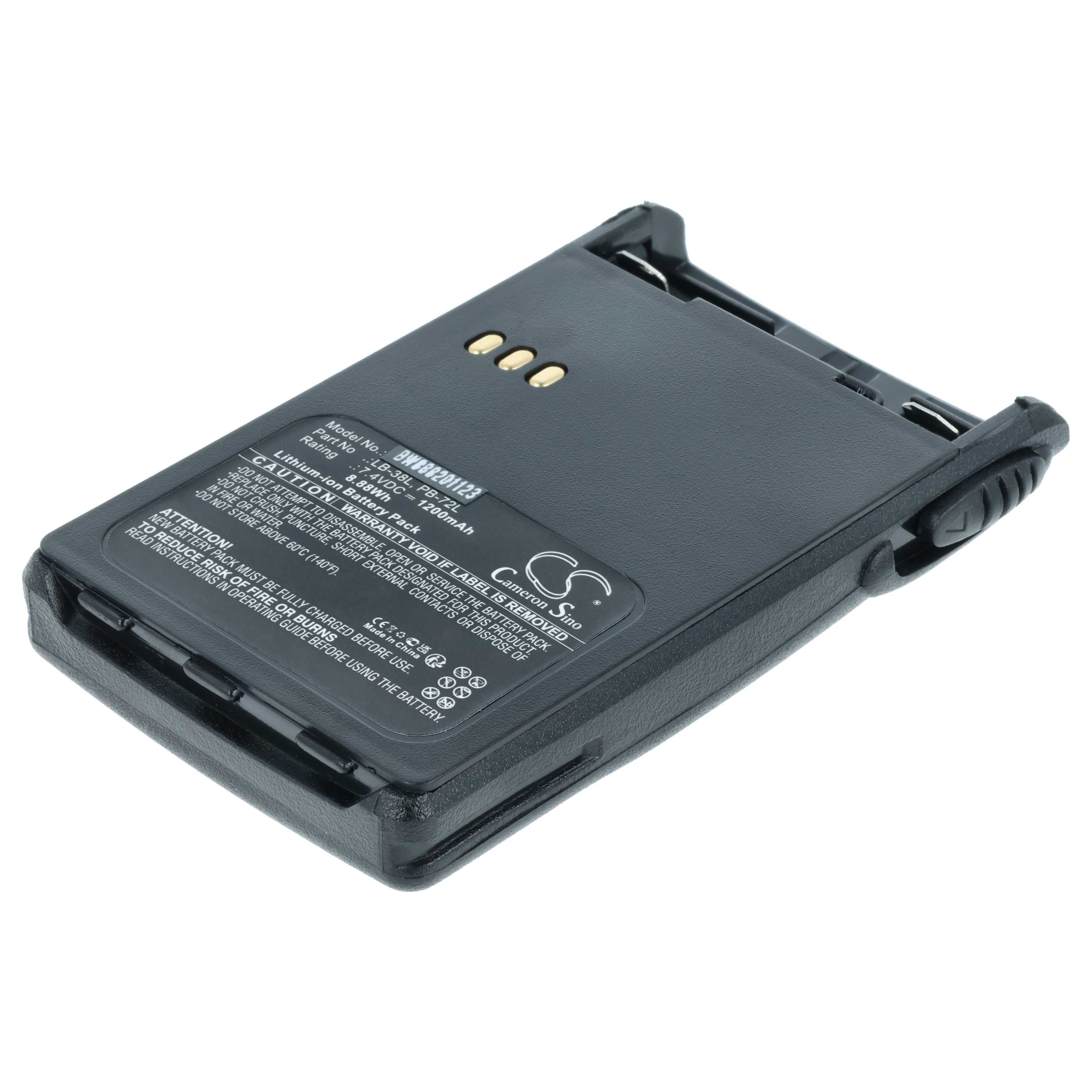 Radio Battery replaces Huntec PB200, PB-CT, LB-62L, PB-72L, LB-38L, PB400 - 1200 mAh 7.4 V Li-Ion + Belt Clip