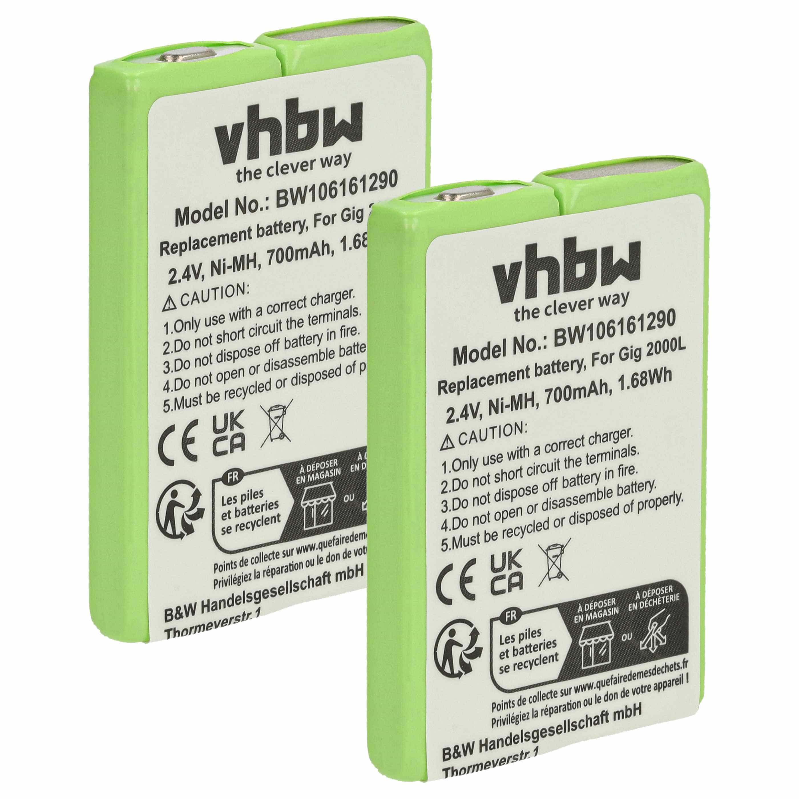 2x Batteries remplace 4506306, 4506.306, 8M2BZ, 7M2BZ, B3880/106483 pour téléphone GP - 700mAh 2,4V NiMH