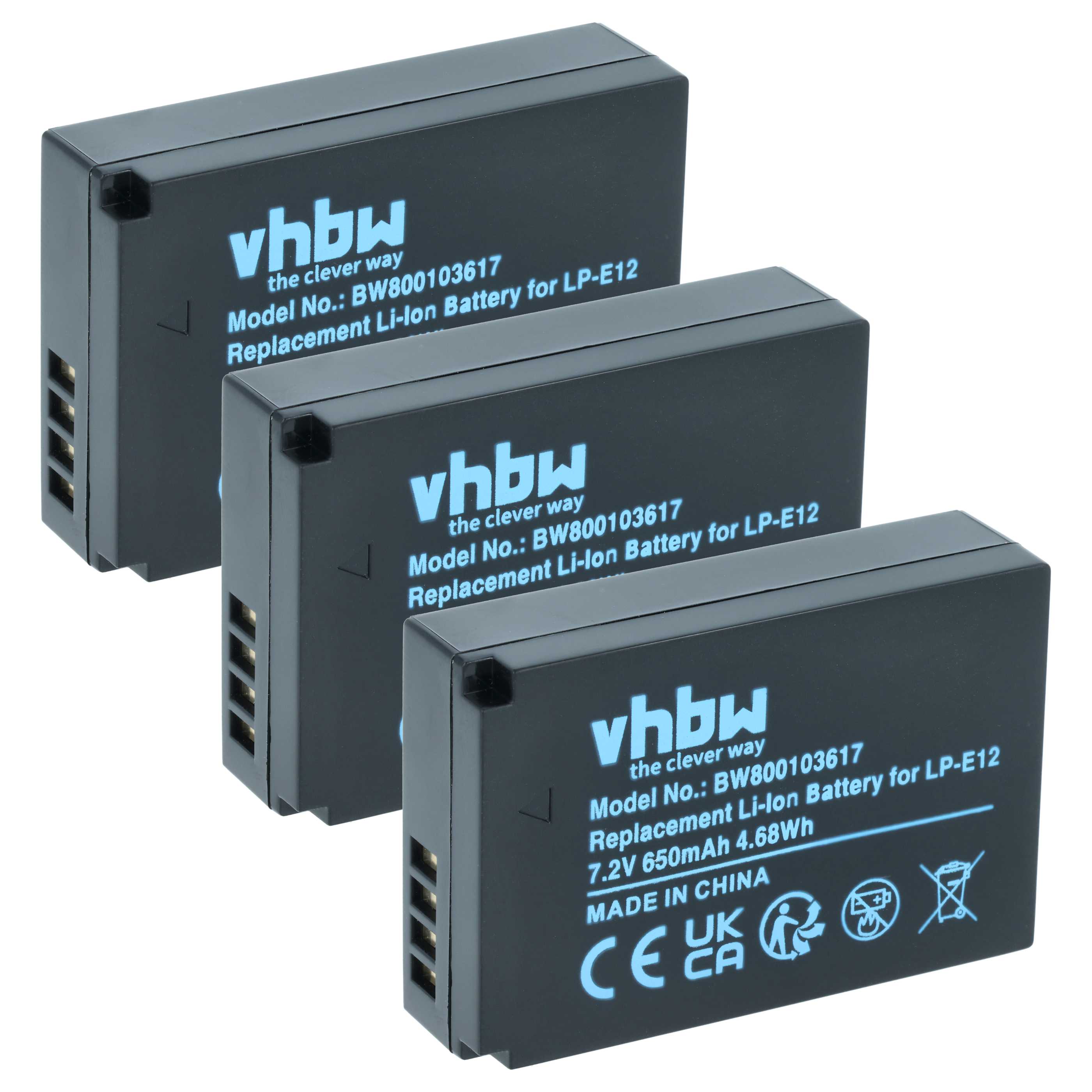 3x Battery replaces Canon LP-E12 - 650mAh, 7.2V, Li-Ion