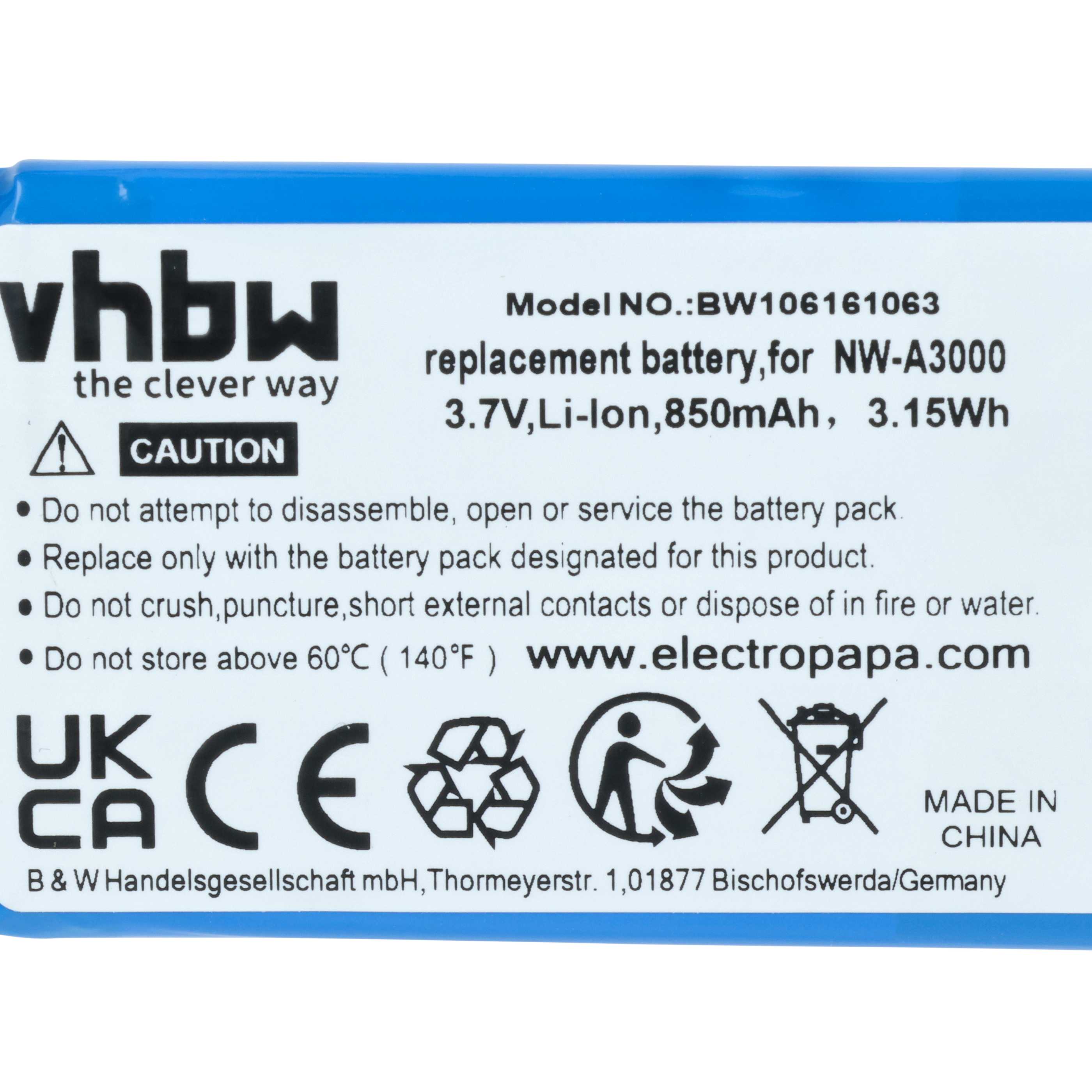 MP3-Player Battery replaces Sony LIS1356HNPA, 1-756-608-21, 5Y30A1697 - 850 mAh 3.7 V Li-Ion