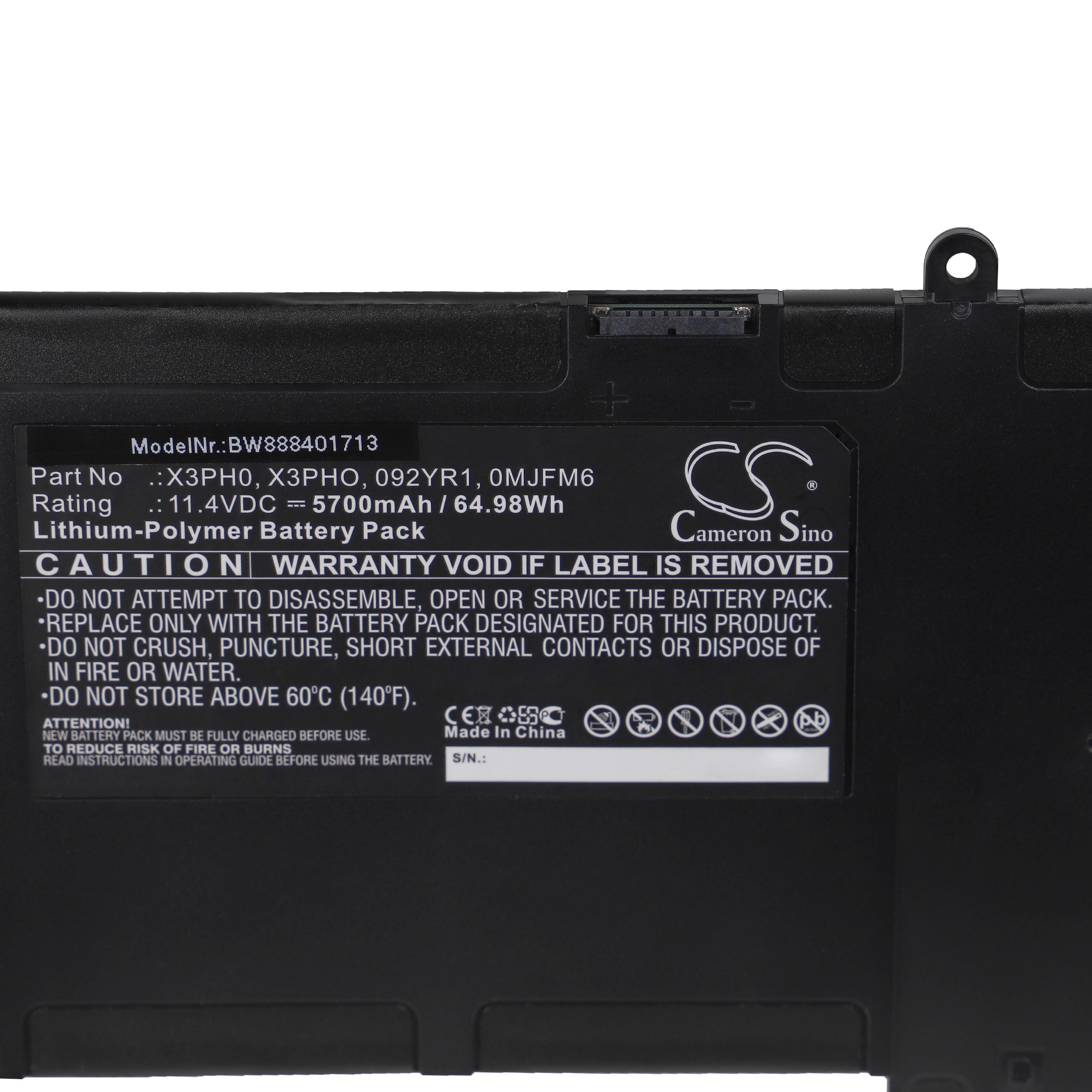 Batterie remplace Dell 0MJFM6, 092YR1, 92YR1, 0X3PH0 pour ordinateur portable - 5700mAh 11,4V Li-polymère