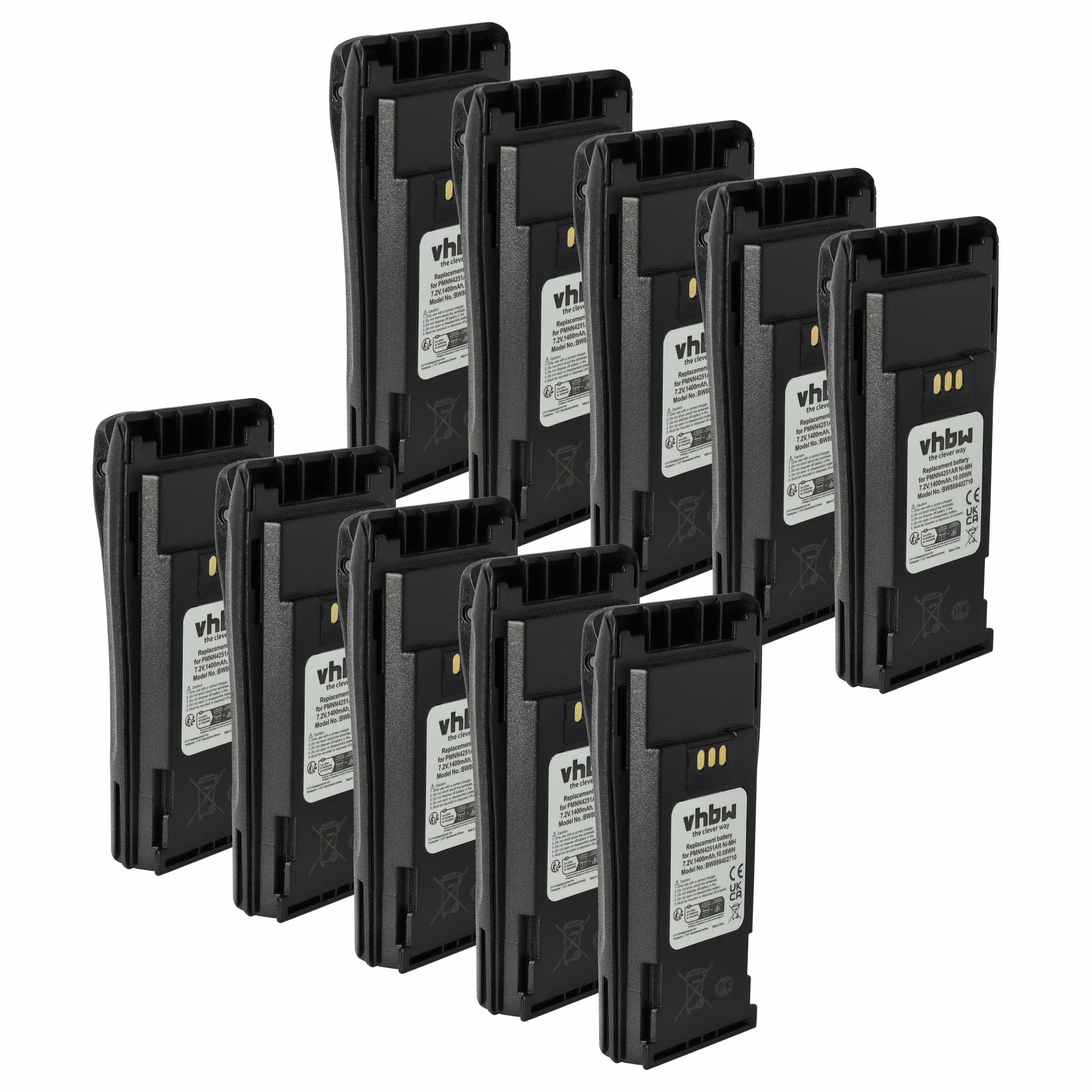 Radio 10x Battery replaces Motorola NNTN4497, NNTN4496AR, NNTN4496 - 1400 mAh 7.2 V NiMH + Belt Clip