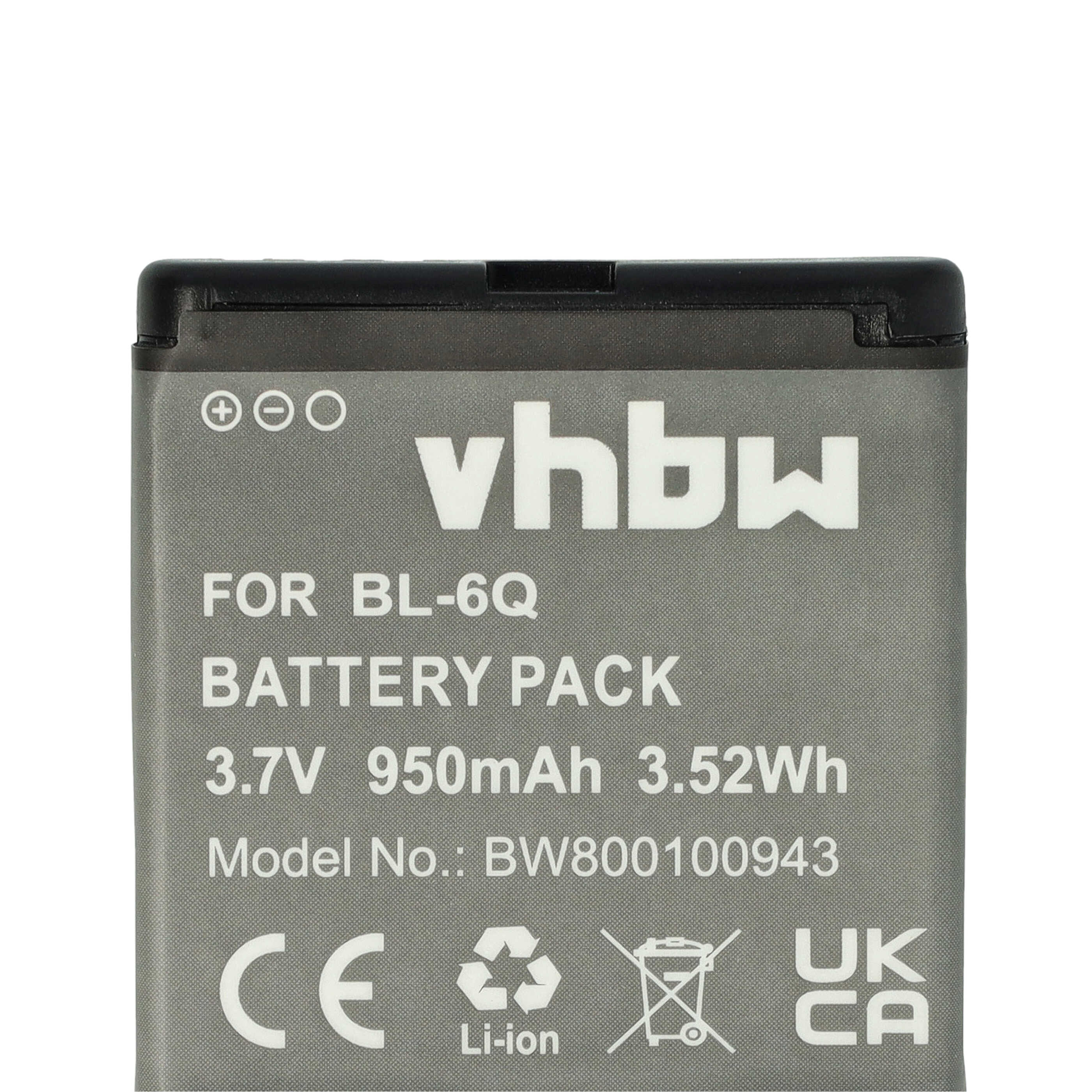 Batterie remplace Nokia BL-6Q pour téléphone portable - 950mAh, 3,7V, Li-ion