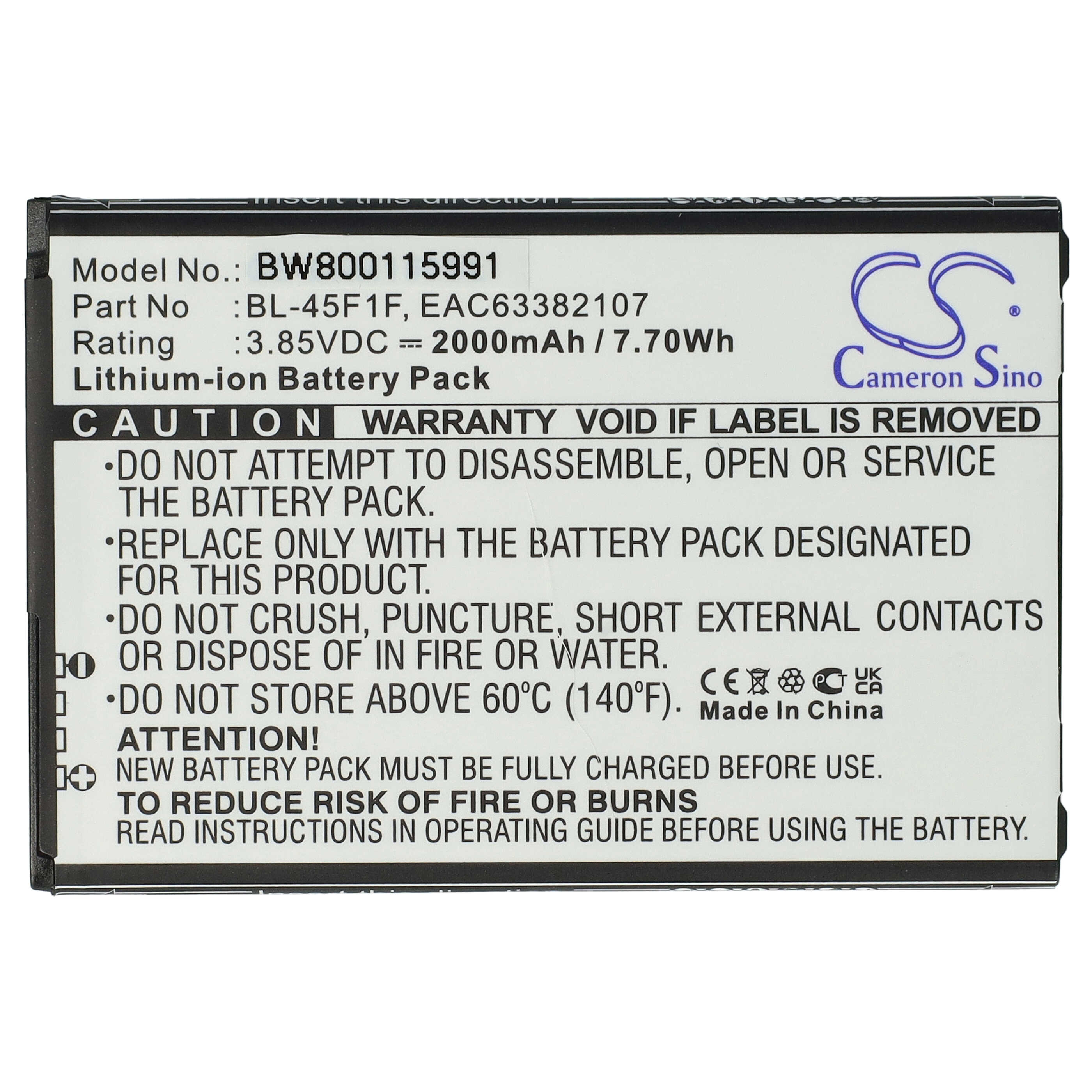 Batterie remplace LG BL-45F1F, EAC63361401, EAC63321601 pour téléphone portable - 2000mAh, 3,85V, Li-ion