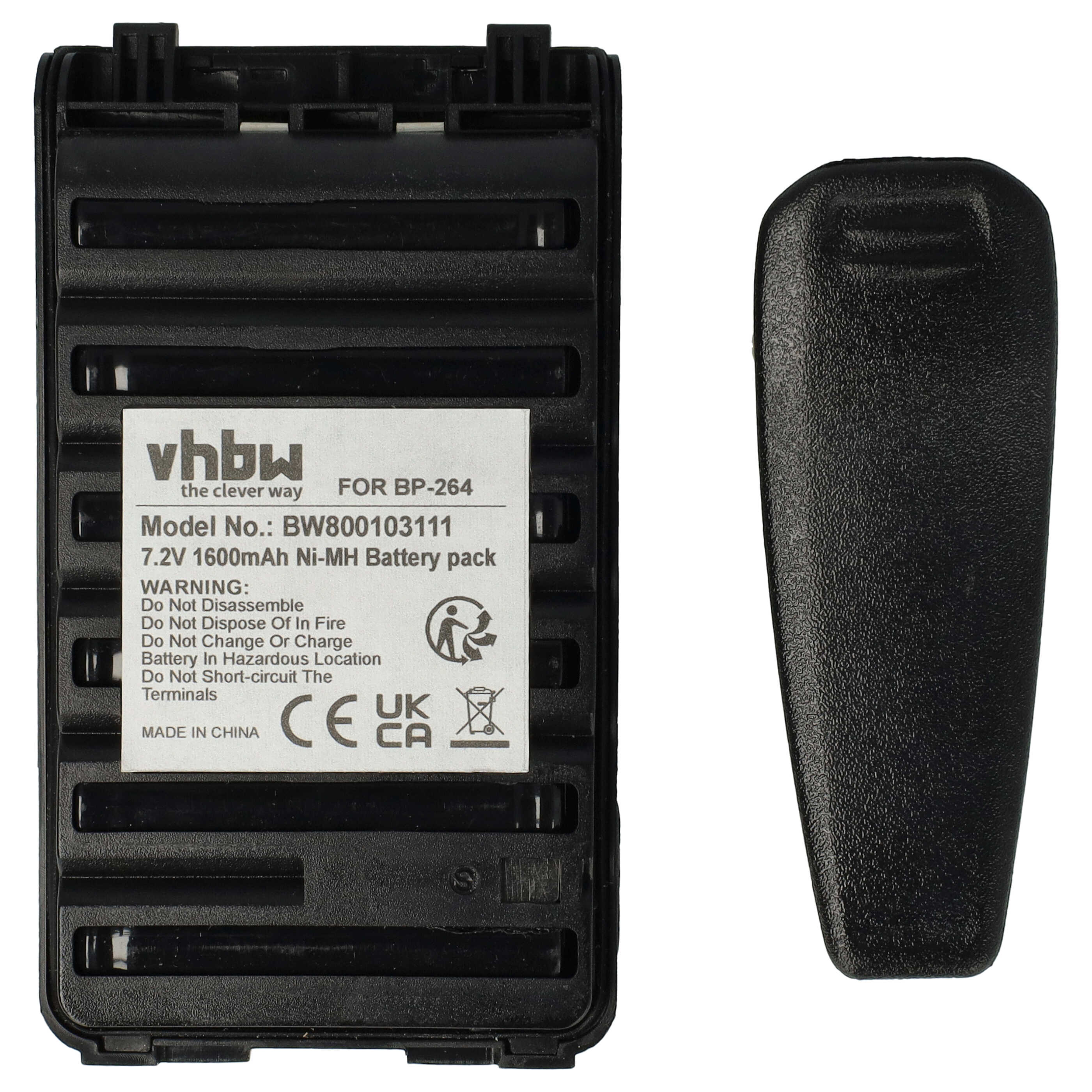 Radio Battery replaces Icom BP-264 - 1600 mAh 7.2 V NiMH + Belt Clip