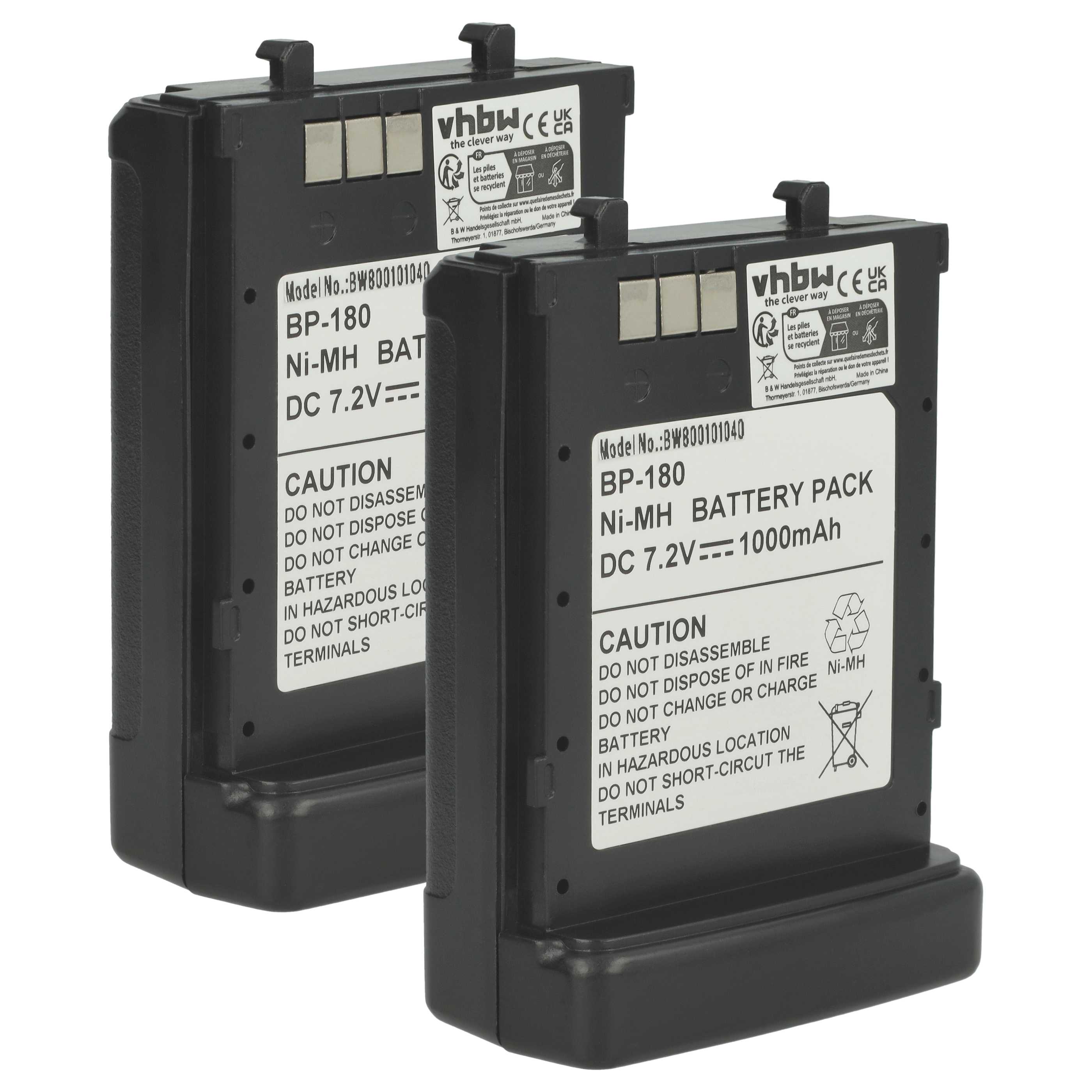 Radio 2x Battery replaces Icom BP-173, BP-180H, BP-180 - 1000 mAh 7.2 V NiMH